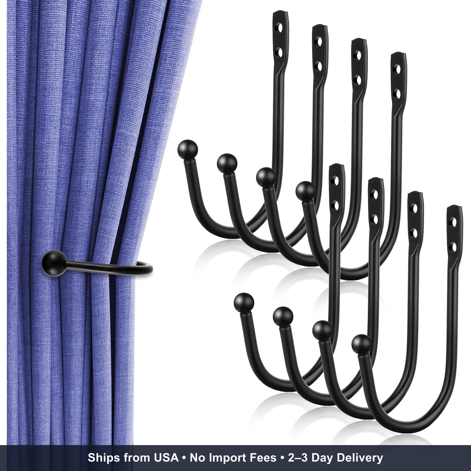 8 Pcs Curtain Tie Backs, Black, U Shaped Curtain Holdbacks Metal Wall Hooks | Wa