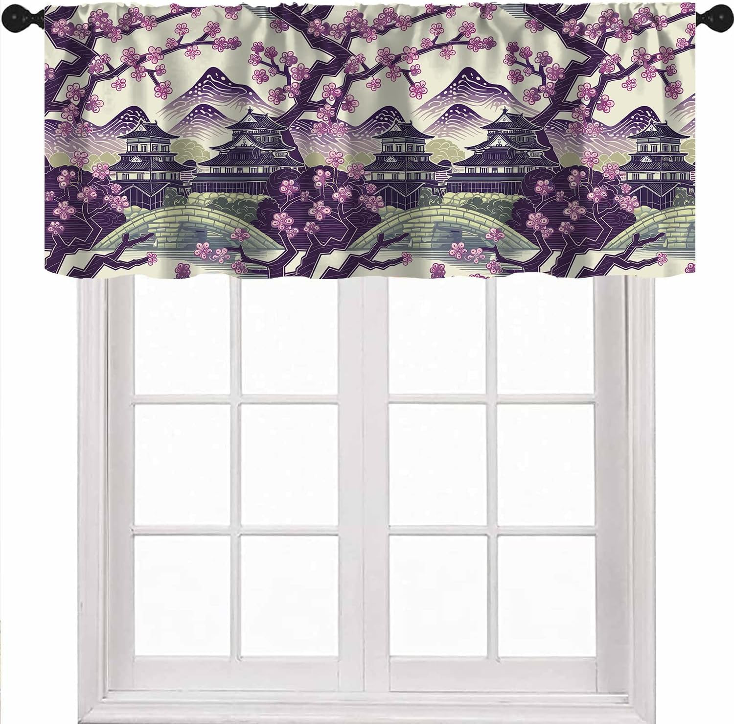 Japanese Landscape Valance Curtains, Asian Eastern Style Cherry Blossoms Mountai