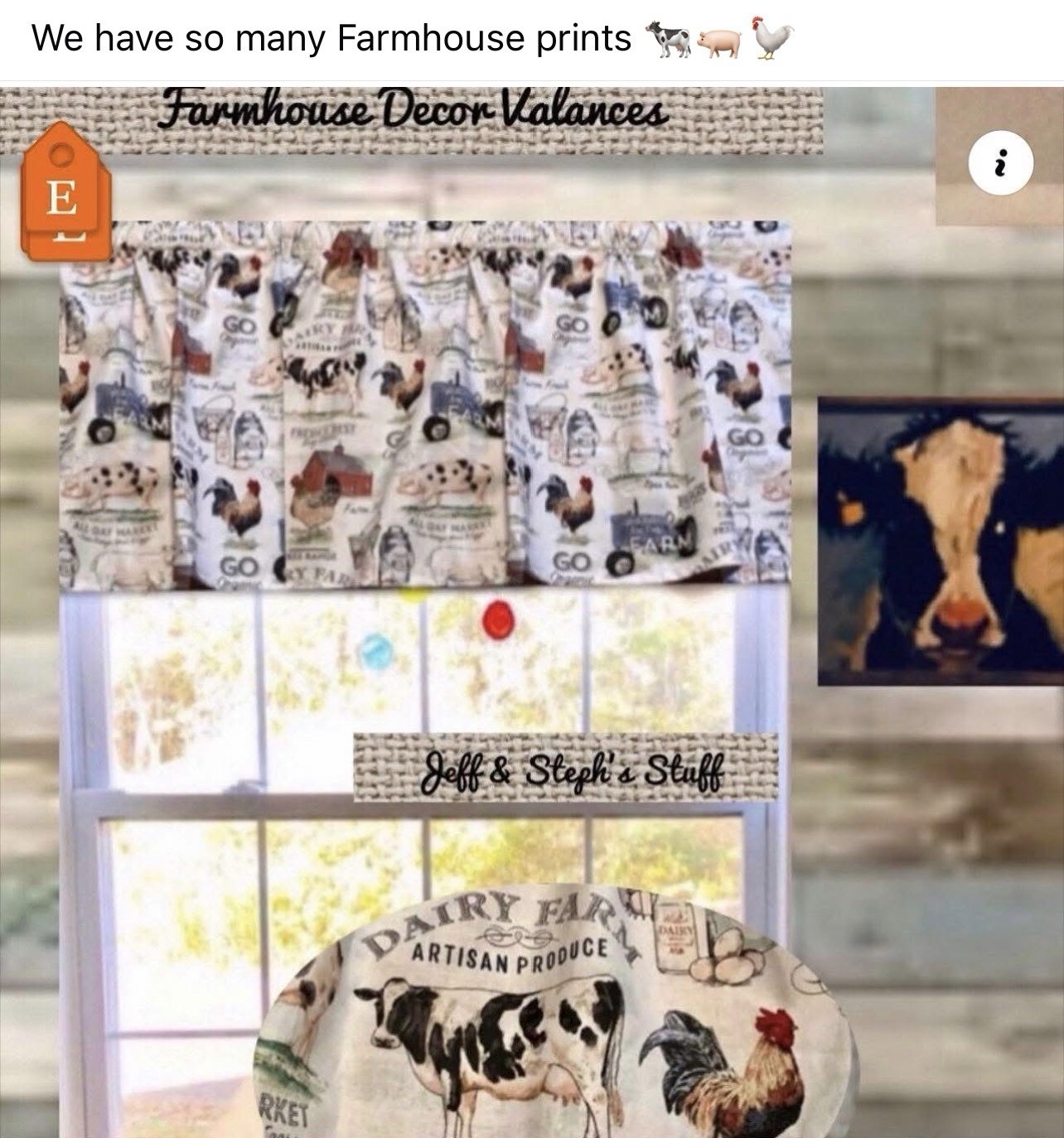 Farmhouse Dairy Valance Kitchen Curtain 43″W x 14”L Gift For Country Gal