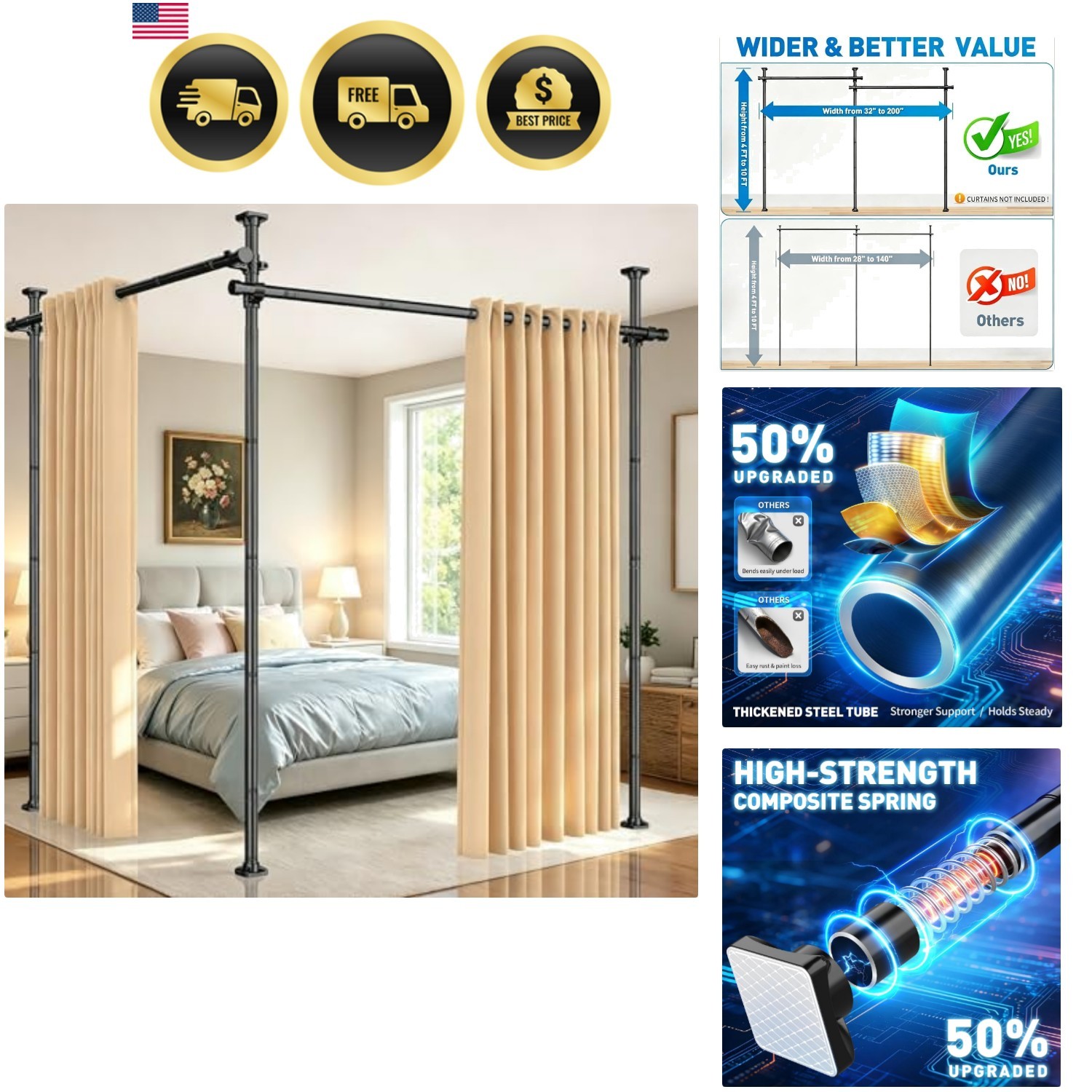 Room Divider Tension Curtain Rod, No Drilling Room Separator for Space Partit…