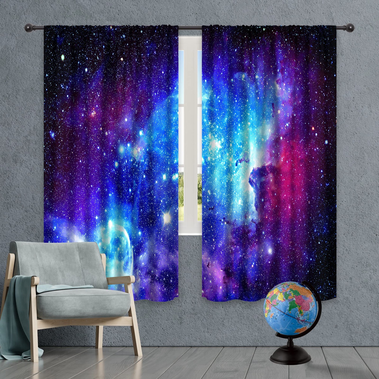 Galaxy Outer Space Nebula Curtains (2 Panels 42 x 63 Inch) Blue Rod Pocket Un…
