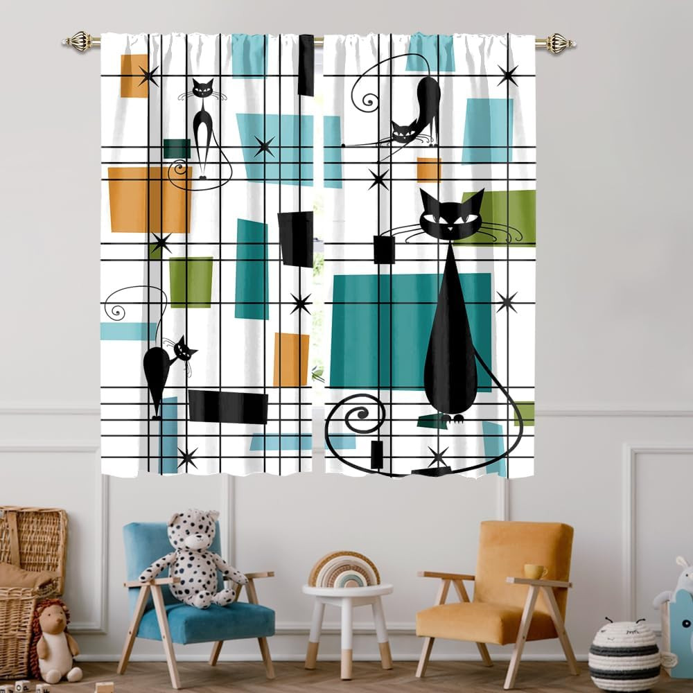 Modern Mid Century Black Cat Blackout Curtains,Abstract Rainbow Colorful Geometr