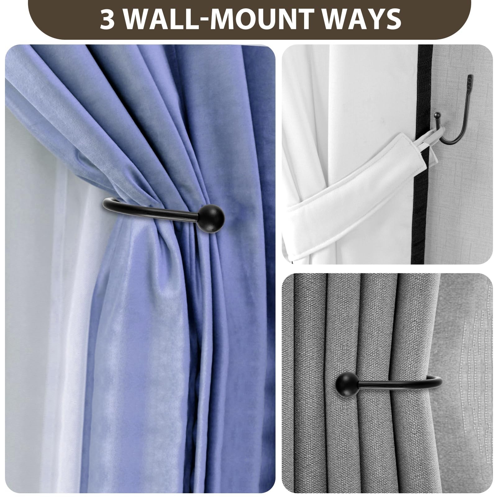 8 Pcs Curtain Holdbacks, Curtain Tiebacks, Curtains Wall Hooks, Black Curtain…