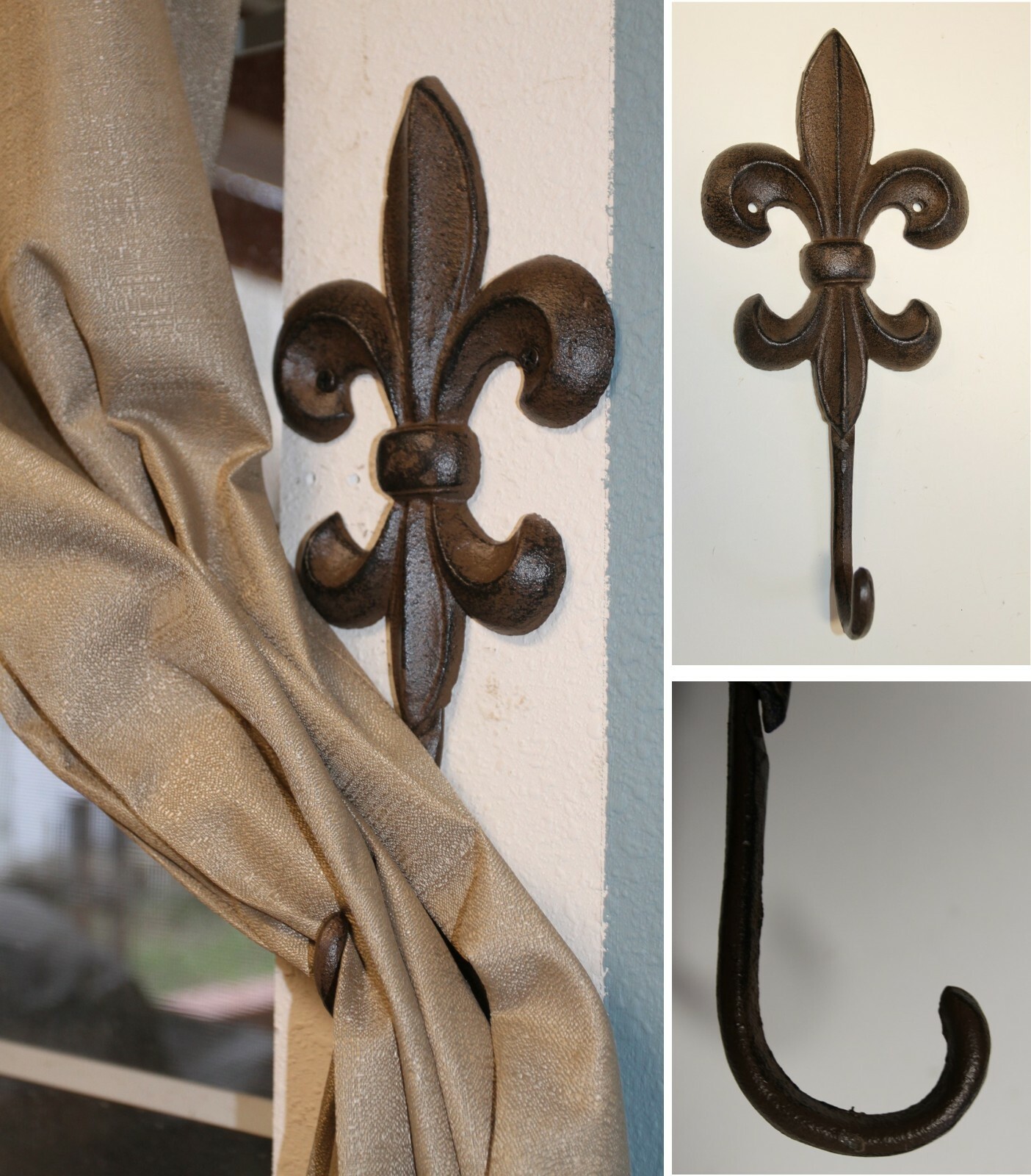 Extra Large Fleur De Lis Curtain Hold-Backs / Tie Backs Cast Iron, F-9b