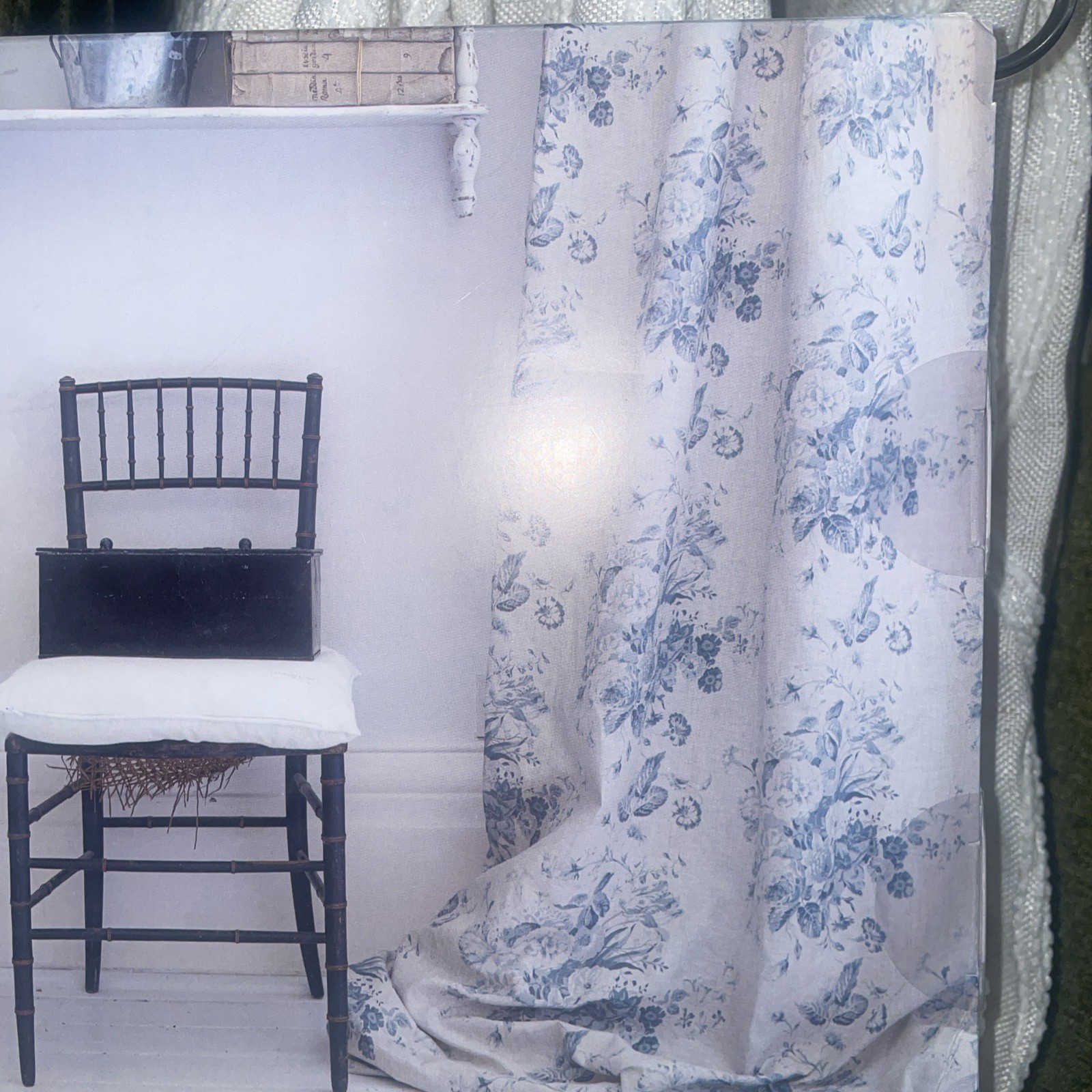 2 Cabbages & Roses Window Curtain Panels Constance Floral Blue Natural 50 x 84”