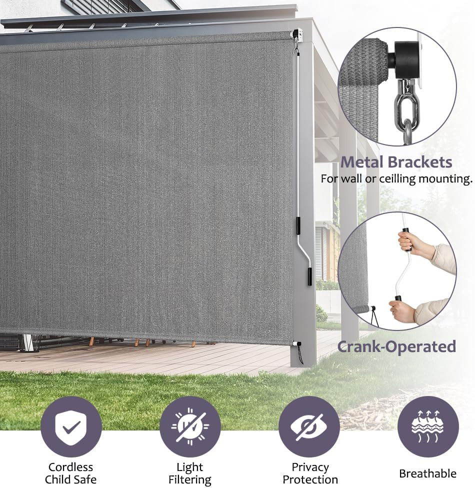 Patio Shades Roll up Outdoor Blind, 10′ W X 8′ H Cordless Sun Shade Privacy Scre