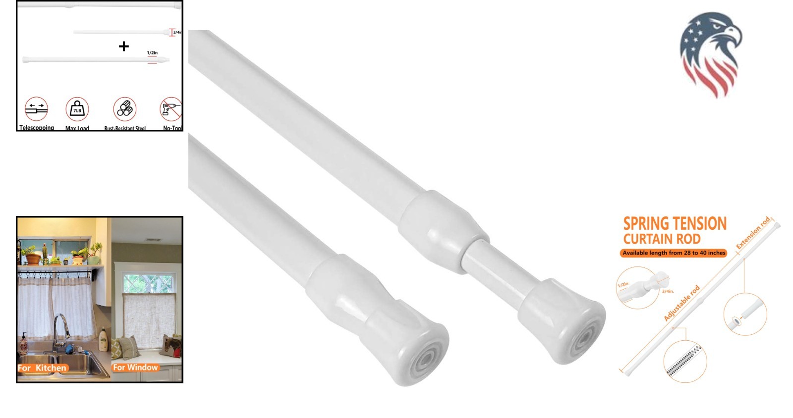 Adjustable Tension Curtain Rods 28-40 Inch White Alloy Steel 2 Pcs