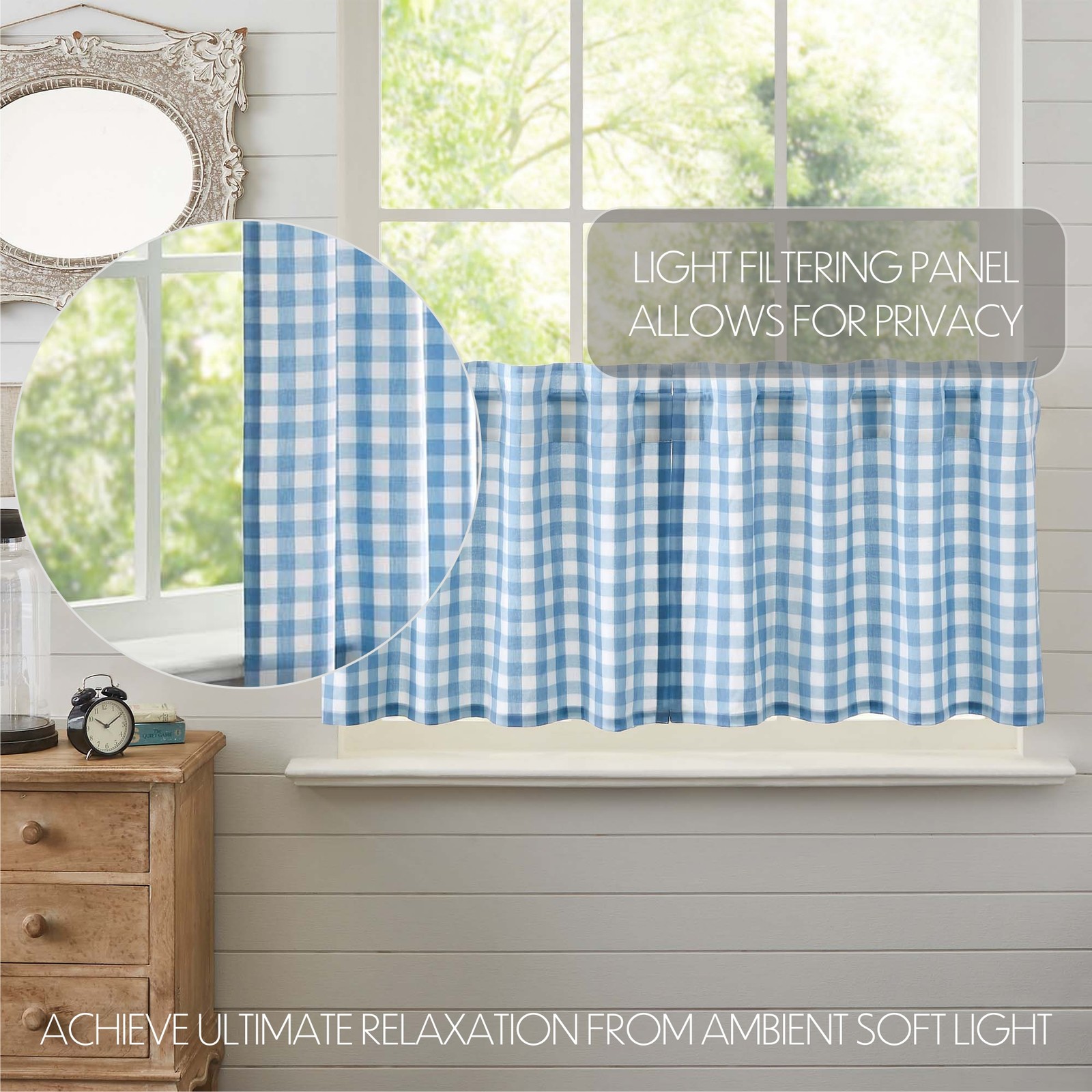 Farmhouse 24″x36″ Tier Pair Blue Rod Pocket Kitchen Window Curtains VHC Brands