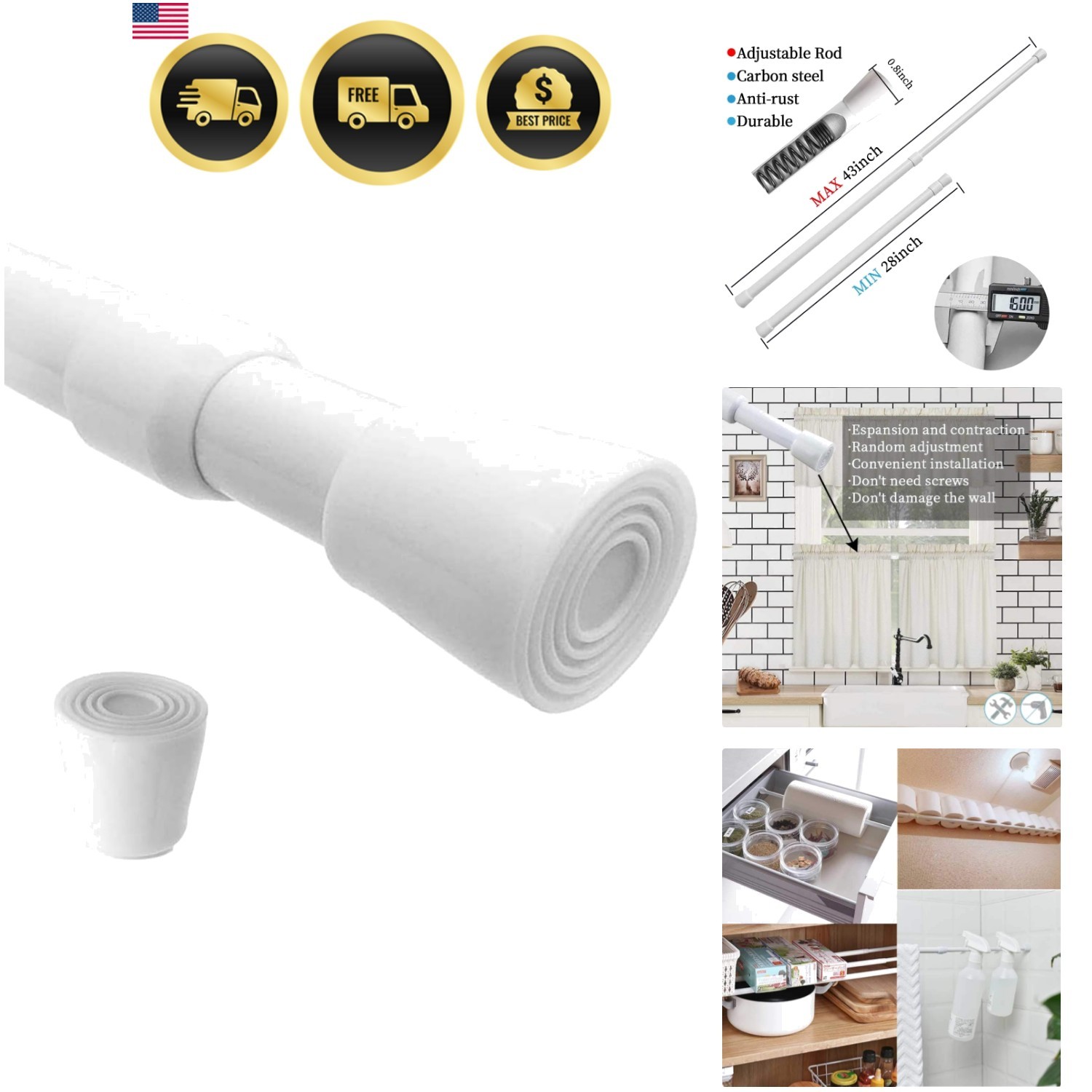 Spring Tension Curtain Rods 28-43in Spring Load Adjustable Expandables Heavy …