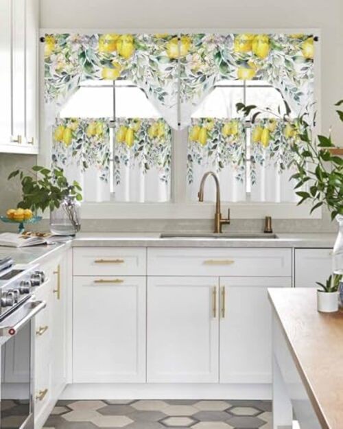 Kitchen Curtains Sets 24 Inch Length with 24″W x 56″L (Pack of 3) Yellow Lemon