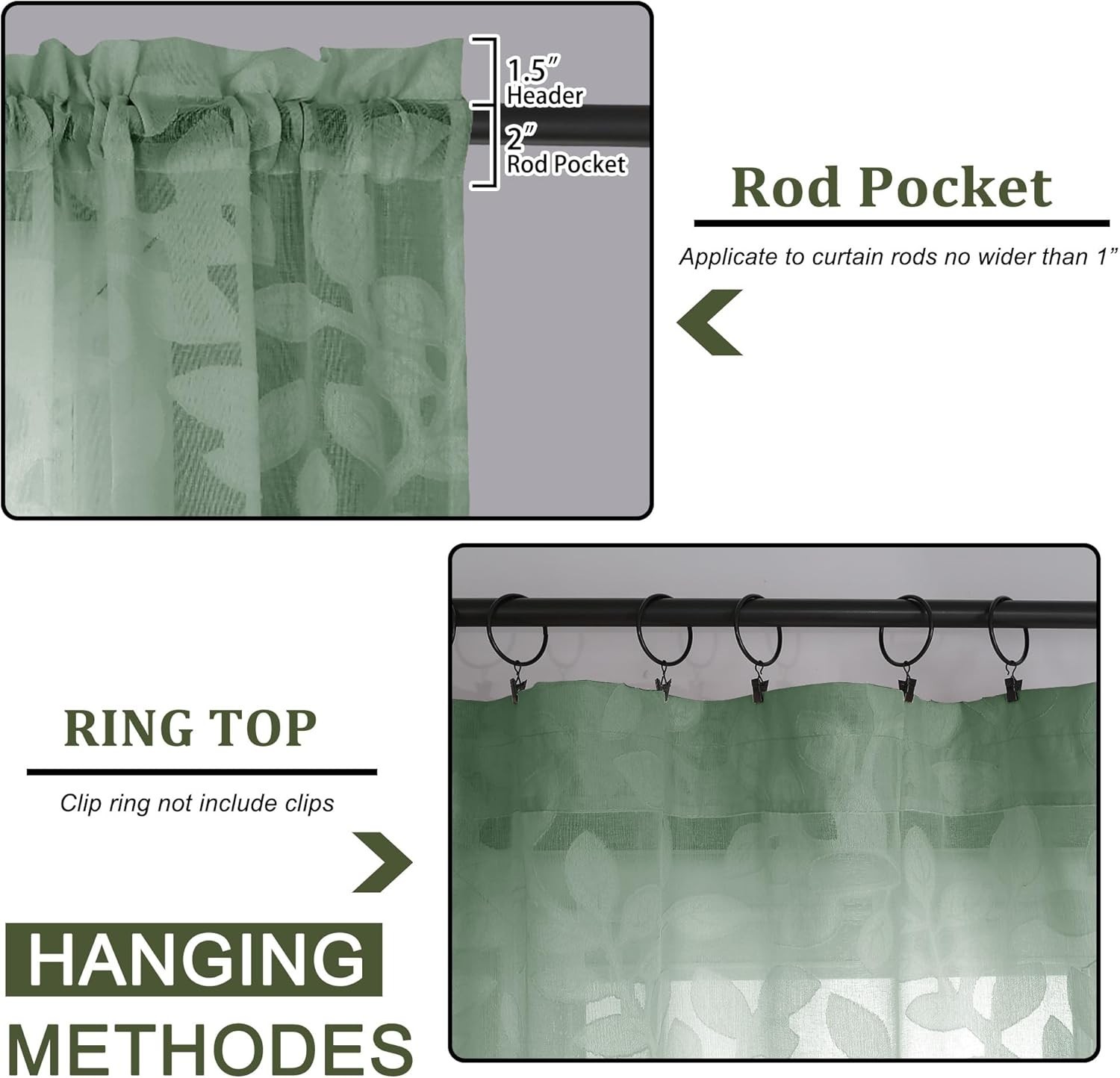 Sage Green Sheer Short Curtains 36 Inch Length 2 Panels, Light Filtering Small