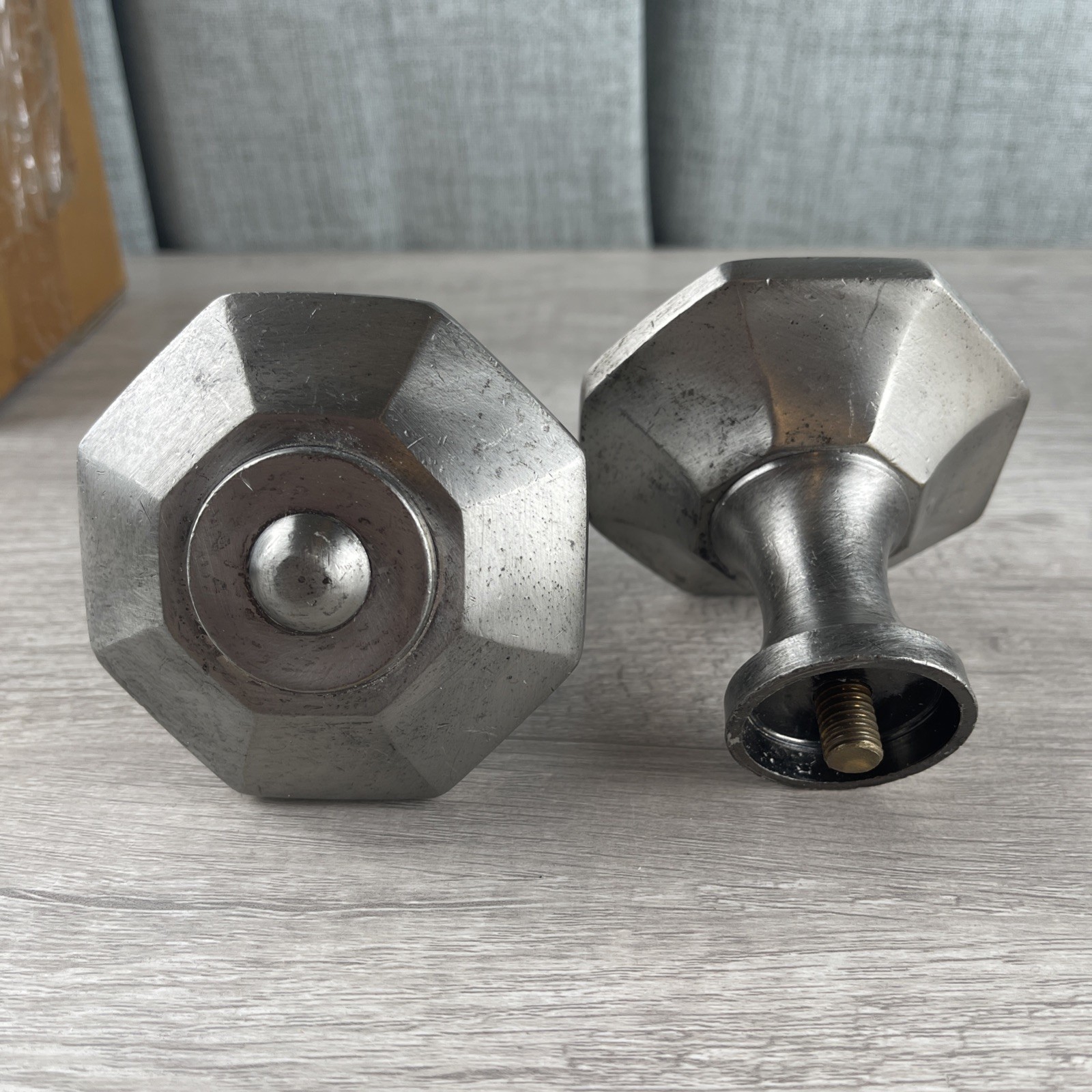 Pair Pottery Barn Faceted Finials Antique Pewter Finish Large 3″ Diameter New