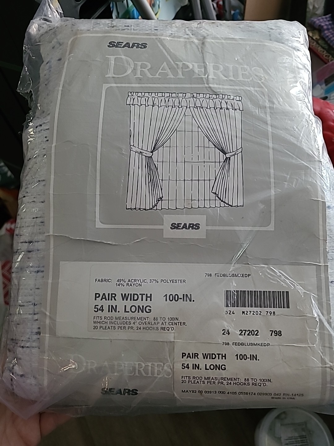 Vintage Sears Draperies Curtain 88-100″×54″ MADE IN USA White Blue Print NEW NOS