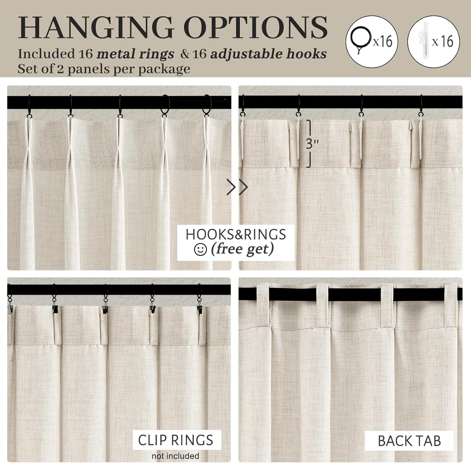 Pinch Pleated Linen Curtains 96 Inches Long for Living Room Bedroom, Light Fi…