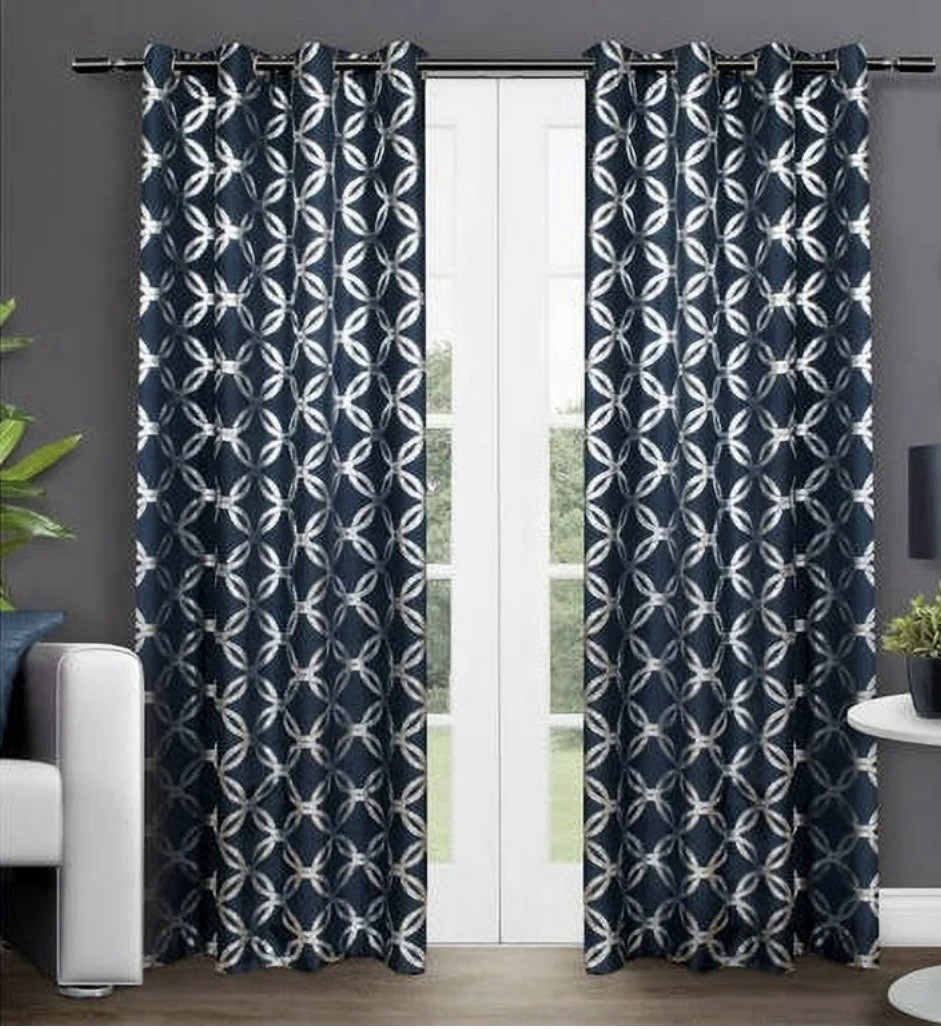Navy & Silver Geometric Metallic Grommet Top Curtains 2 Panels Set 54″ X 96″ In