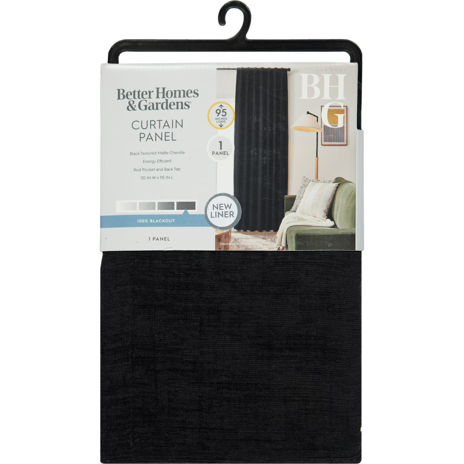 Better Homes & Gardens Textured Chenille Blackout Curtain, Black, 50″W x 95″L