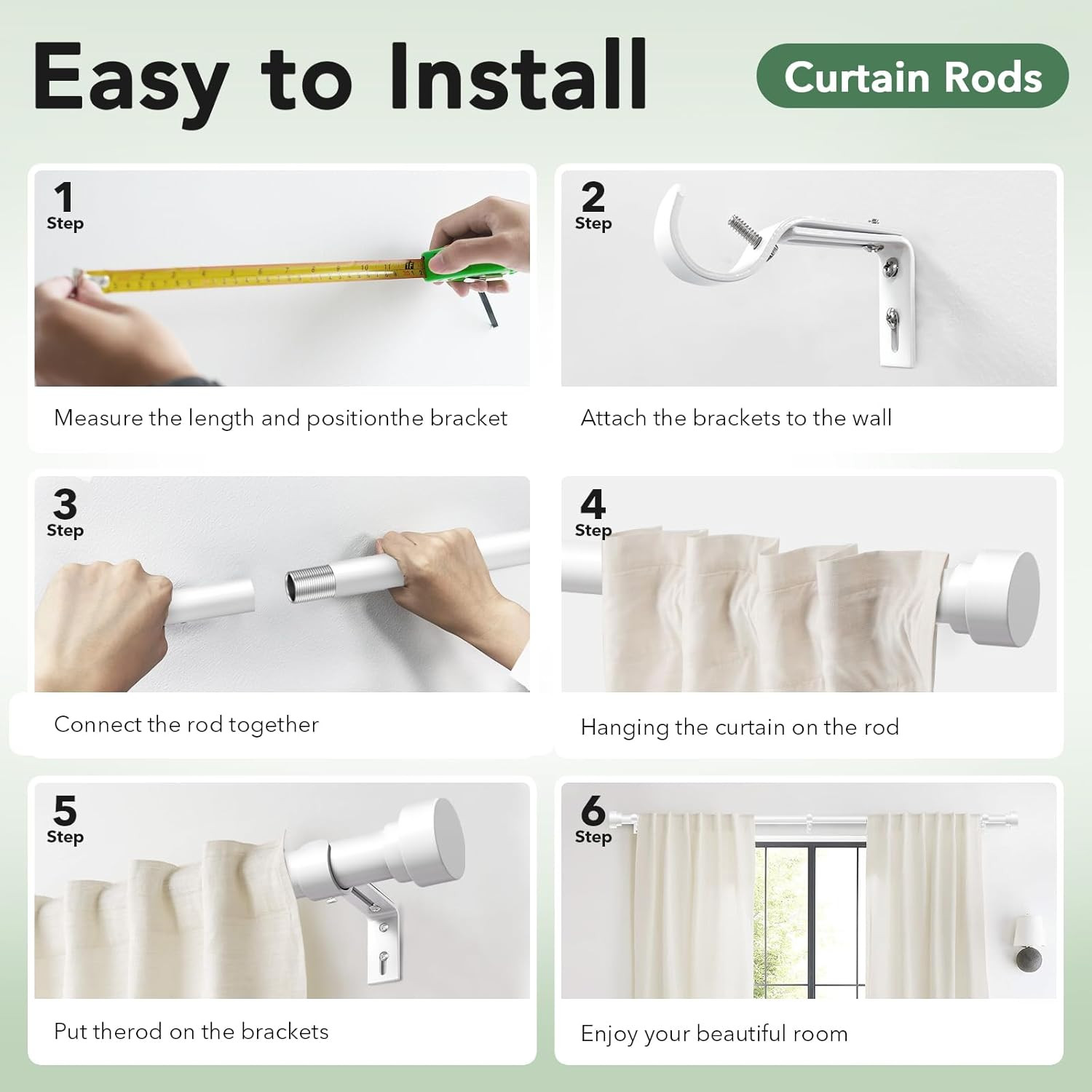 Heavy Duty Curtain Rods for Windows 48 to 84 Inch, 1 Inch Adjustable White Curta