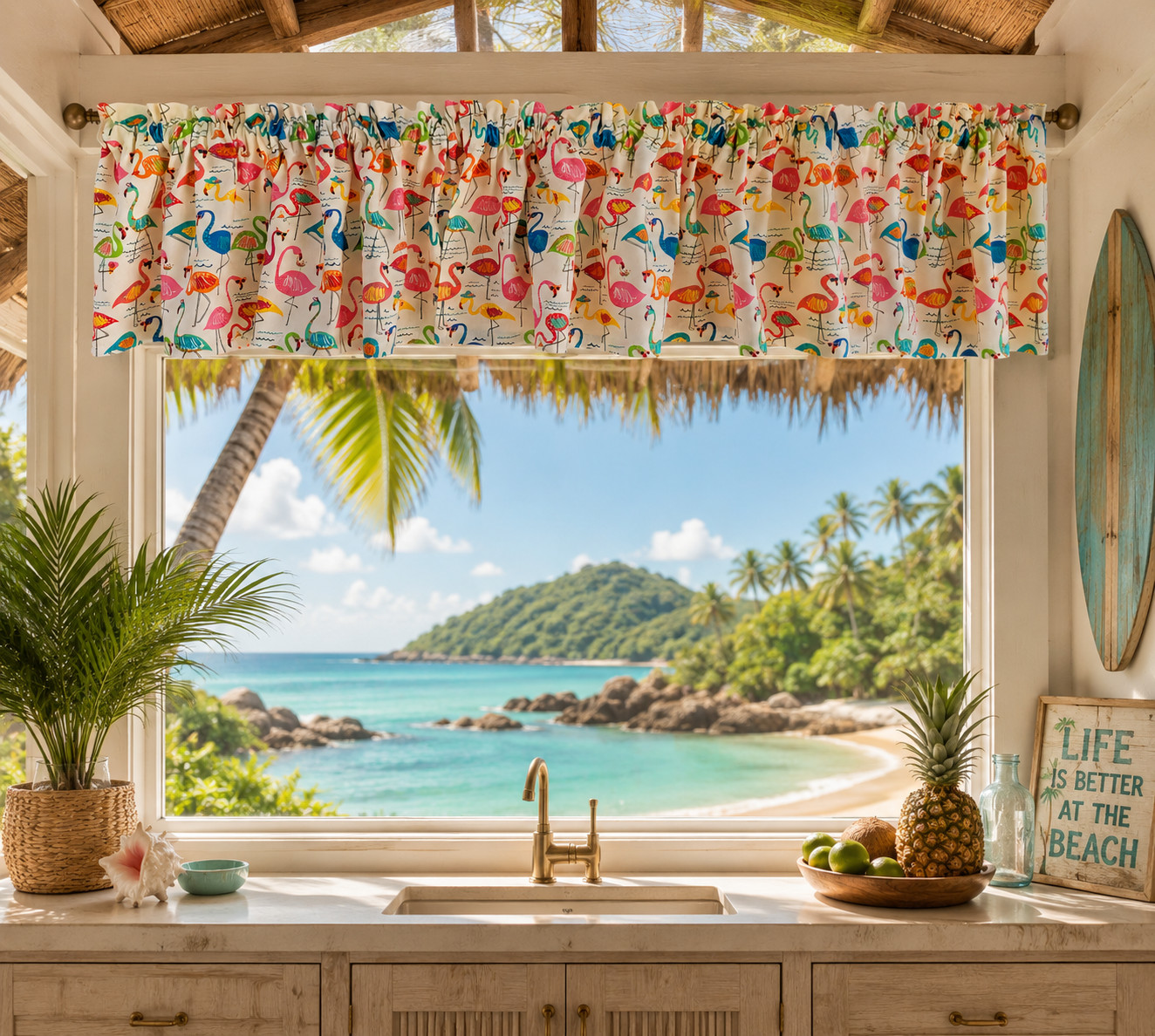 Flamingo Themed Valance, Tropical Coastal Window Treatment, Beach House Decor