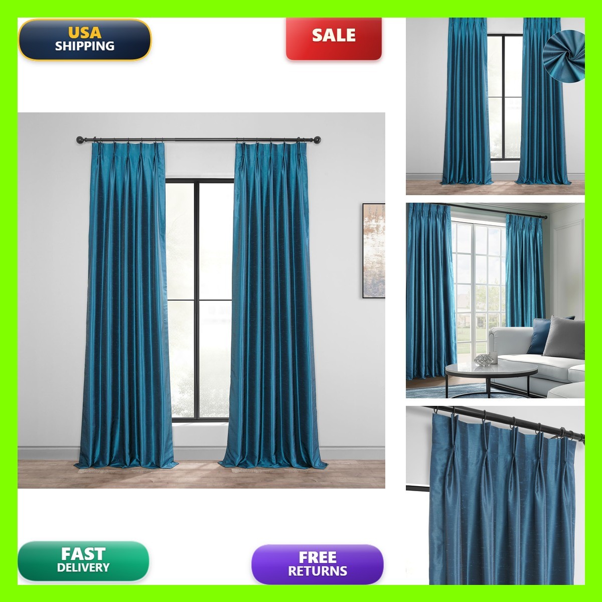 Half Price Drapes Blackout Curtains French Pleated 25 X 96 Oceanside Blue 1