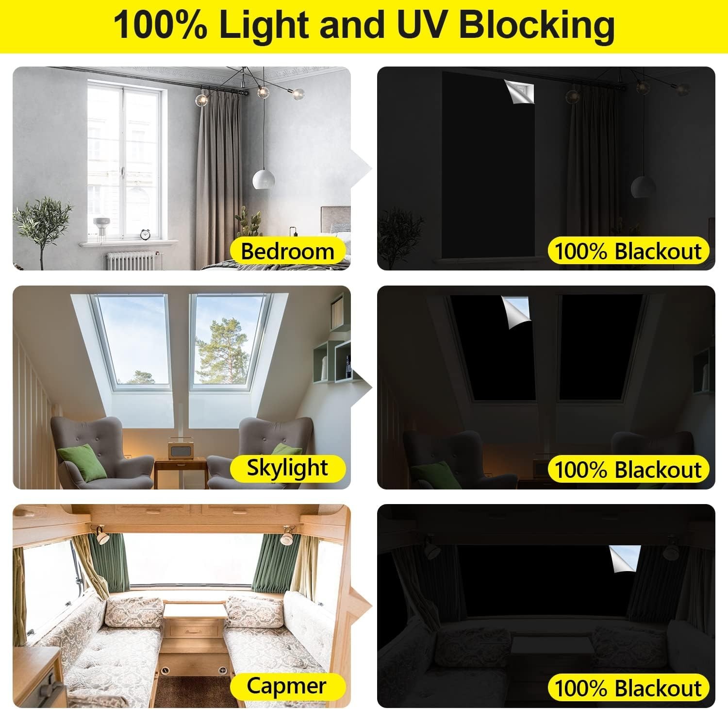 100% Blackout Window Cover Film, Portable No-Drill Shades for Sun Protection