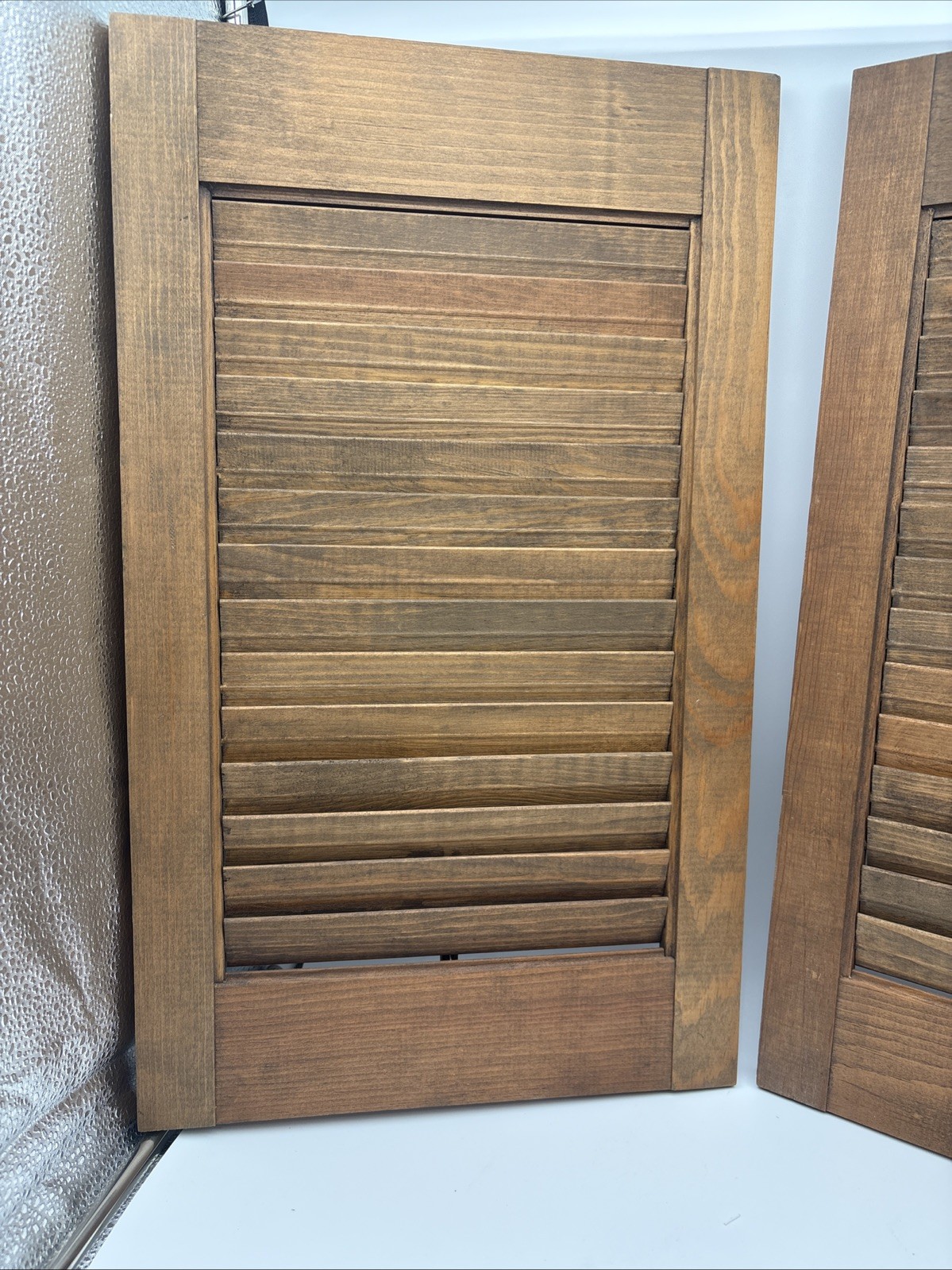 2 OLD Brown Wood Shutter Panels Movable Louver Slats ~ 12” X 20”