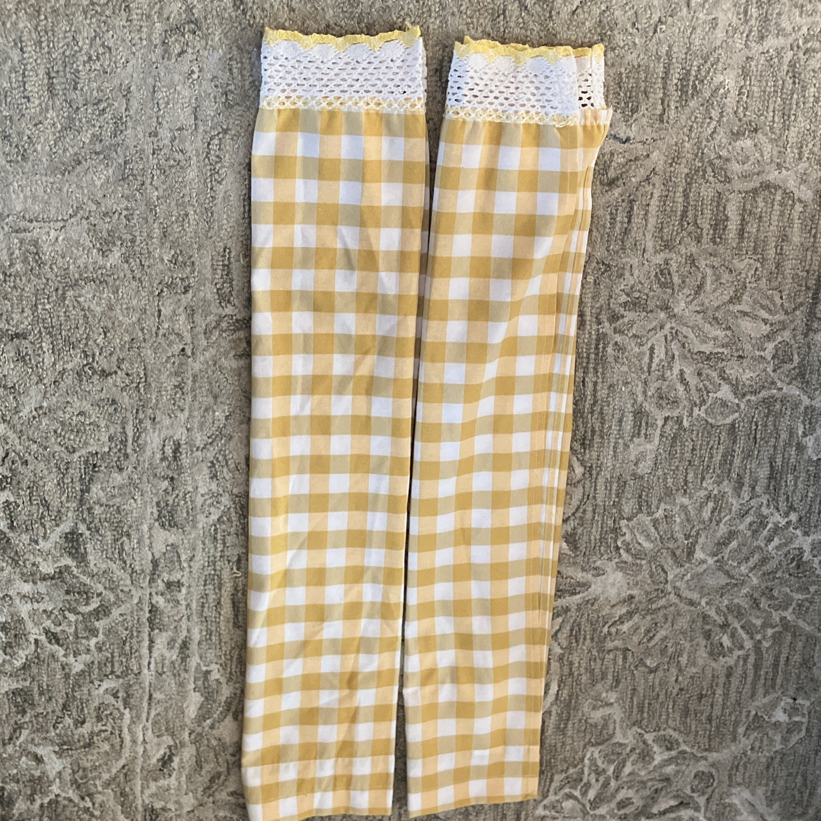 2 Vtg. Yellow & White Gingham cafe curtain panels w/crochet trim 28in x 36in