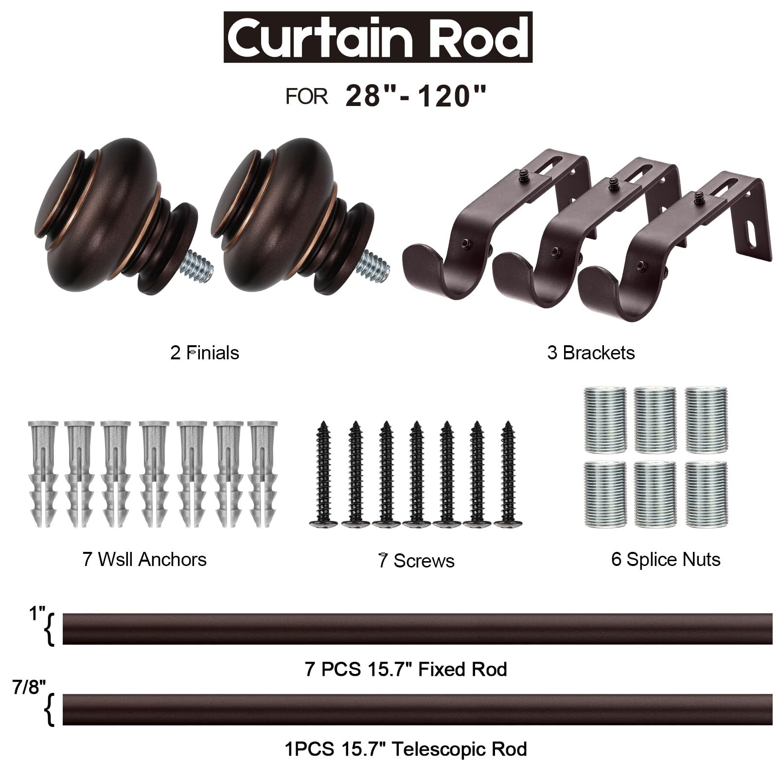 SIMEWIN Bronze Curtain Rods for Windows 66 to 120 Inches 28″-120″,
