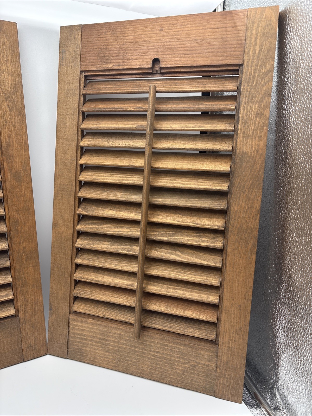 2 OLD Brown Wood Shutter Panels Movable Louver Slats ~ 12” X 20”