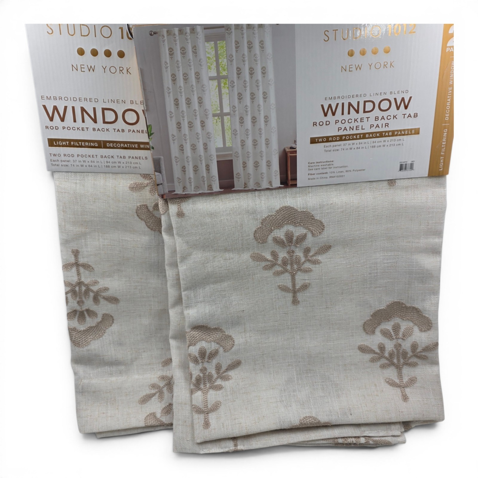 Studio 1012 Linen Blend Embroidered Floral Curtains Set of 4 37×84 Natural