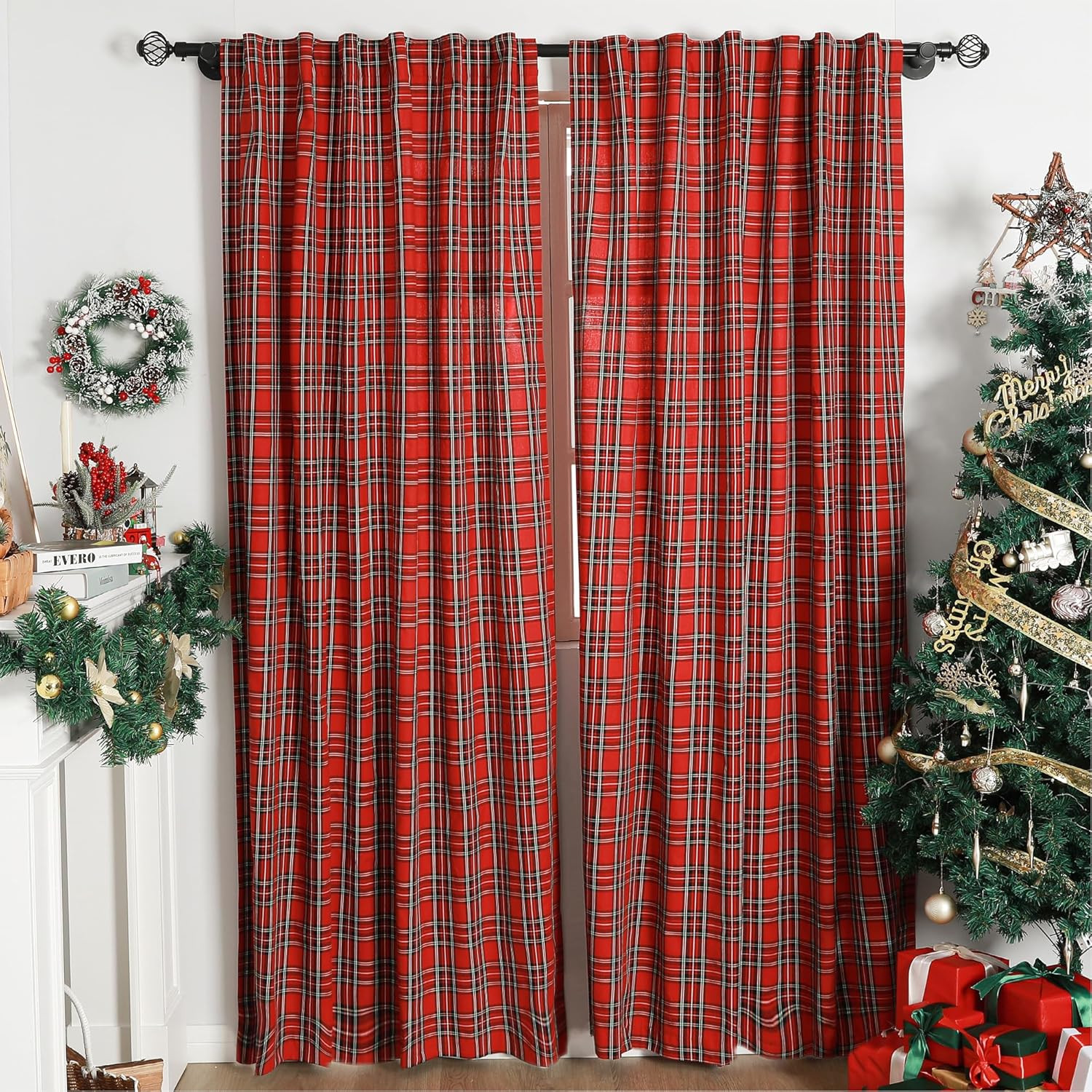 Red Curtains for Living Room Scottish Tartan Check Farmhouse Winter Holiday Dec