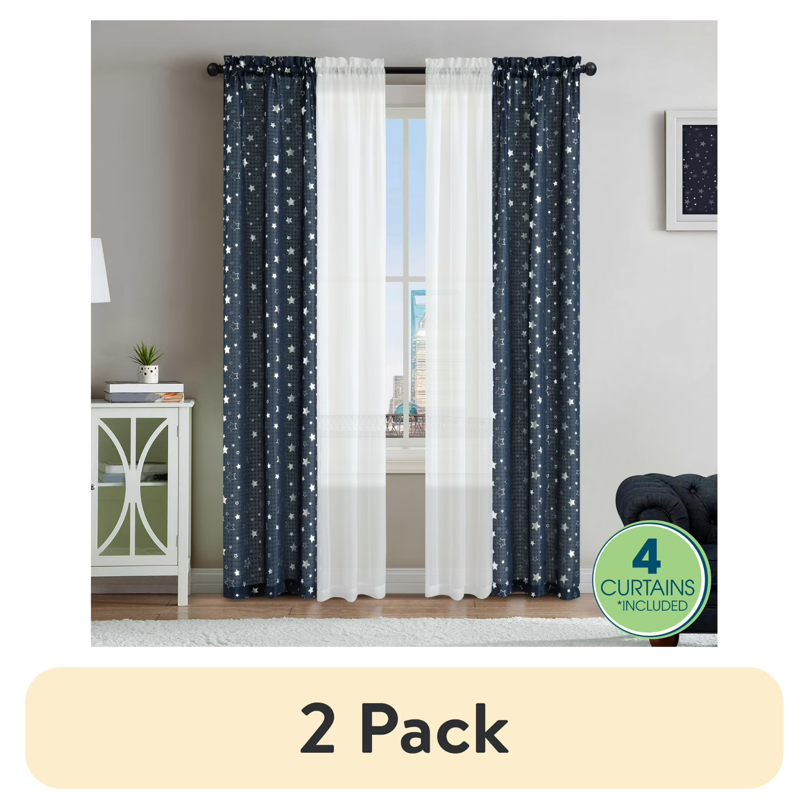 (2 pack) Your Zone Curtain and Sheers Panel Set, 4-Piece, Foil Stars Navy, 27.5″