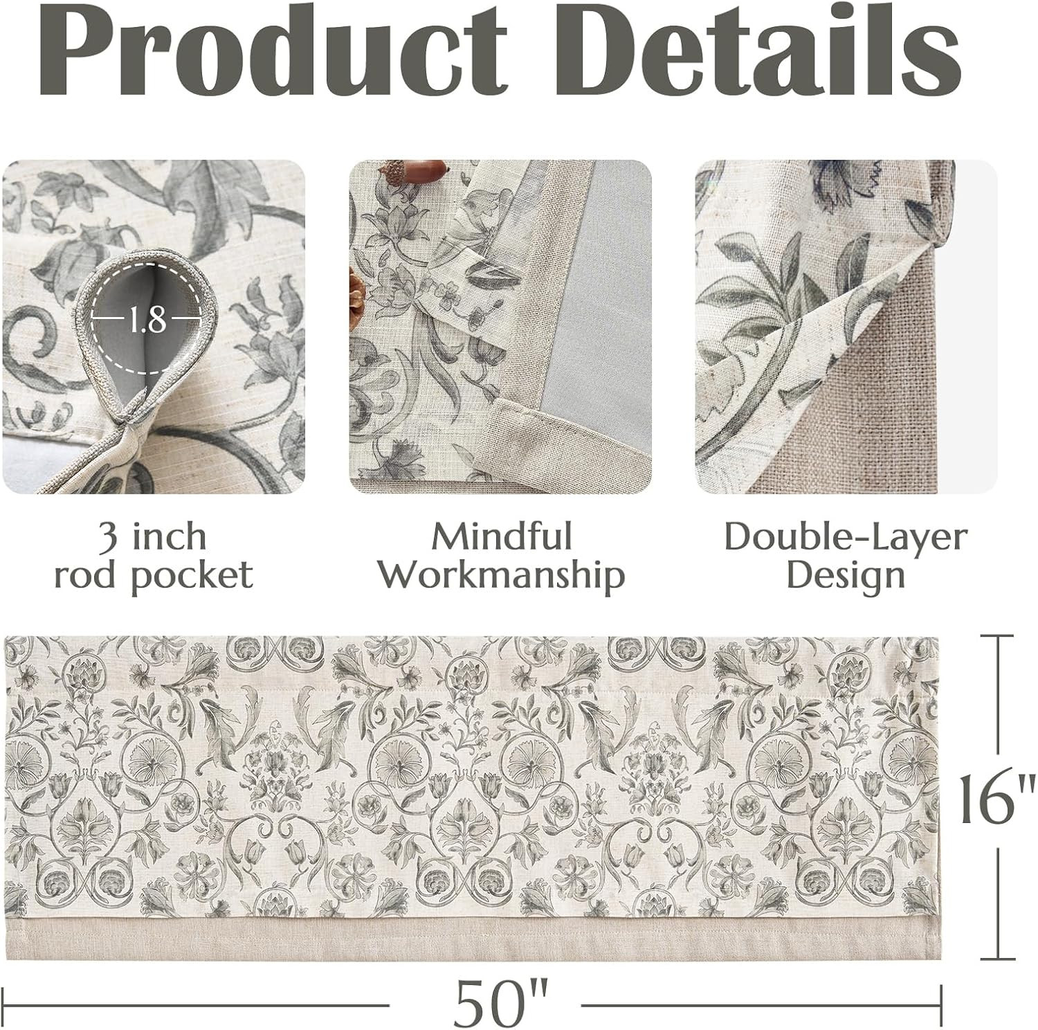 jinchan Linen Valance Kitchen Curtain for Windows Double Layer 16 Inch for Livin