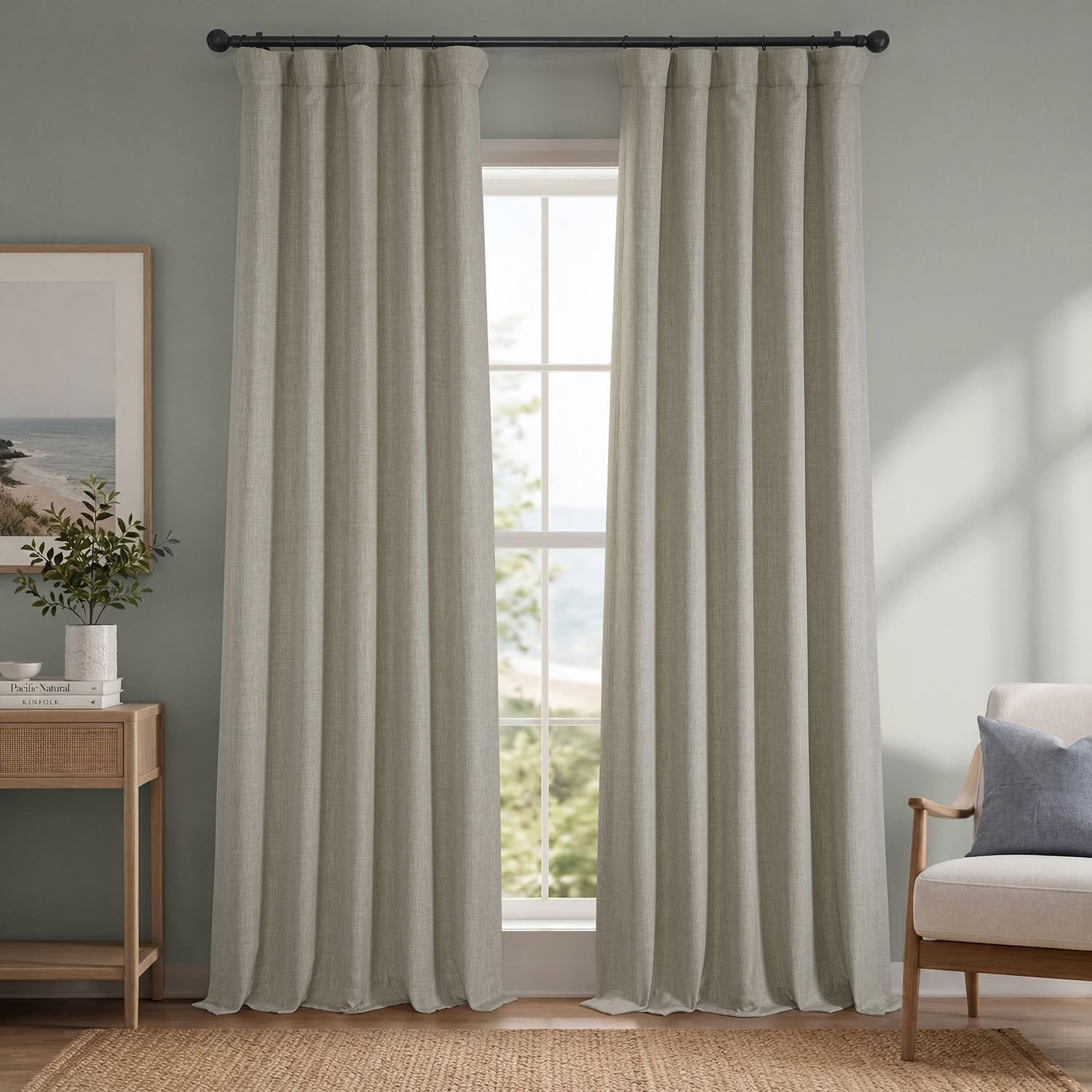 – Faux Linen Curtains for Living Room (1 Panel) – 50W X 96L – Textured Room Dark