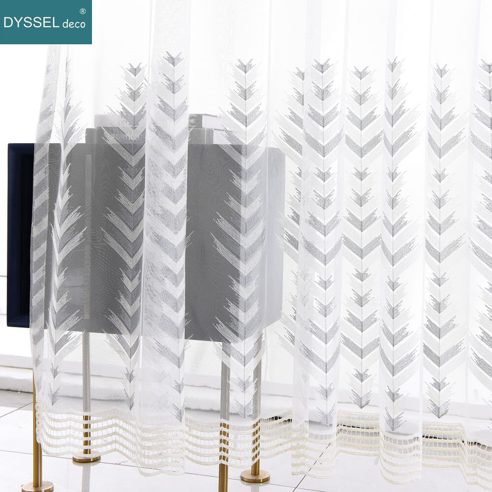 Pairs Modern Floral Embroidered Scallop Voile Tulle Sheer Windows Curtain