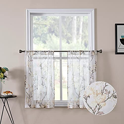Tollpiz Floral Sheer Tier Curtain Flower Print 30″W x 36″L (Pack of 2) White