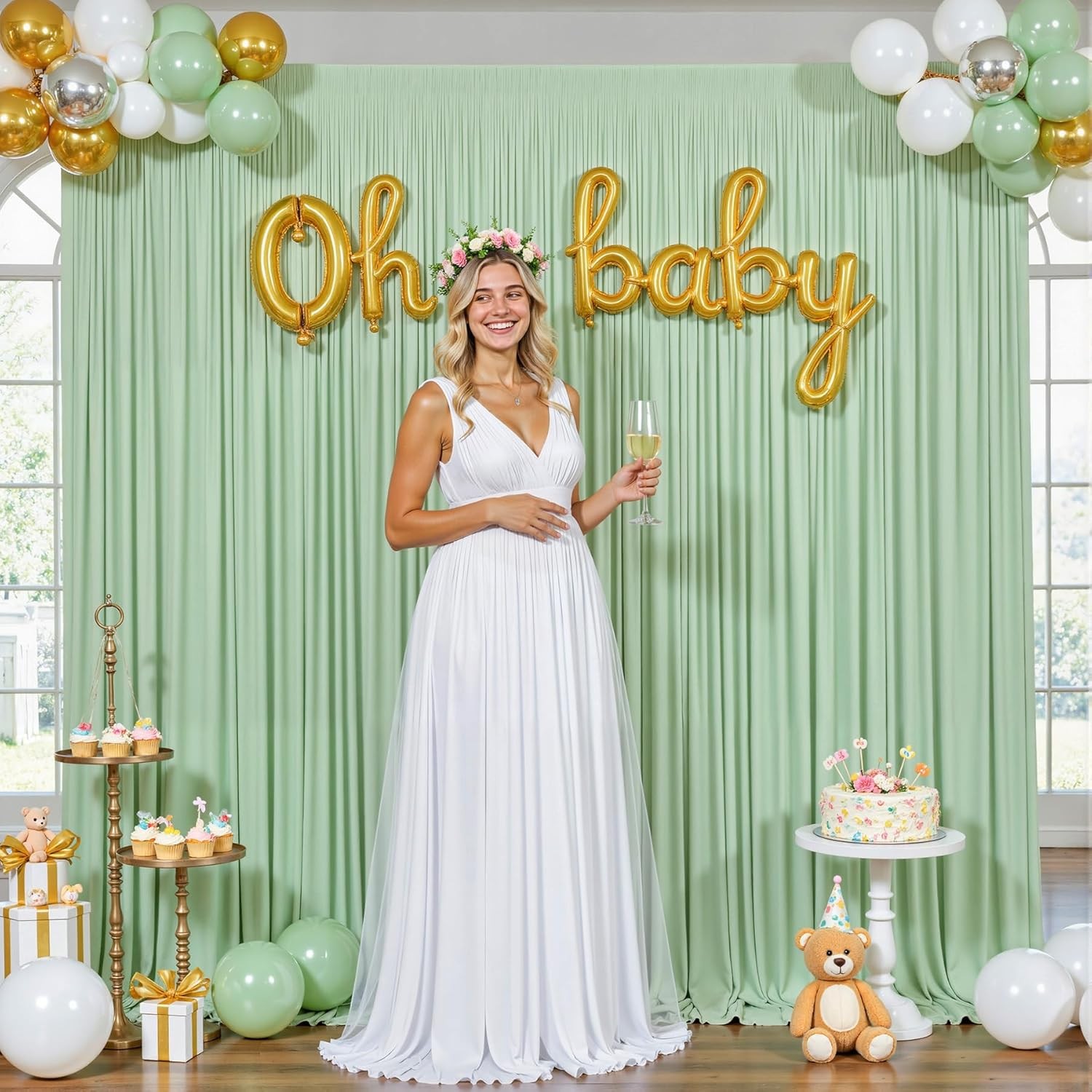 8 Panels Sage Green Backdrop Curtain for Wedding Baby Shower Wrinkle 40ft x 10ft