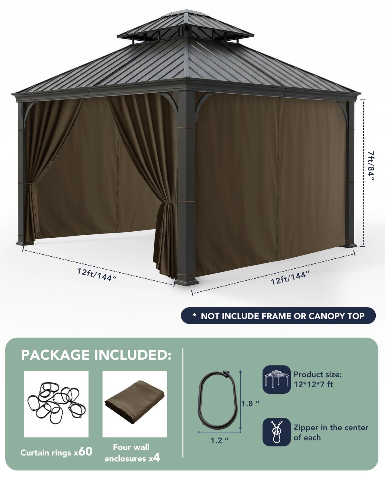 Gazebo Curtains Outdoor Waterproof – 12’Wx12’Lx7.9’H Windproof Patio Pergola …