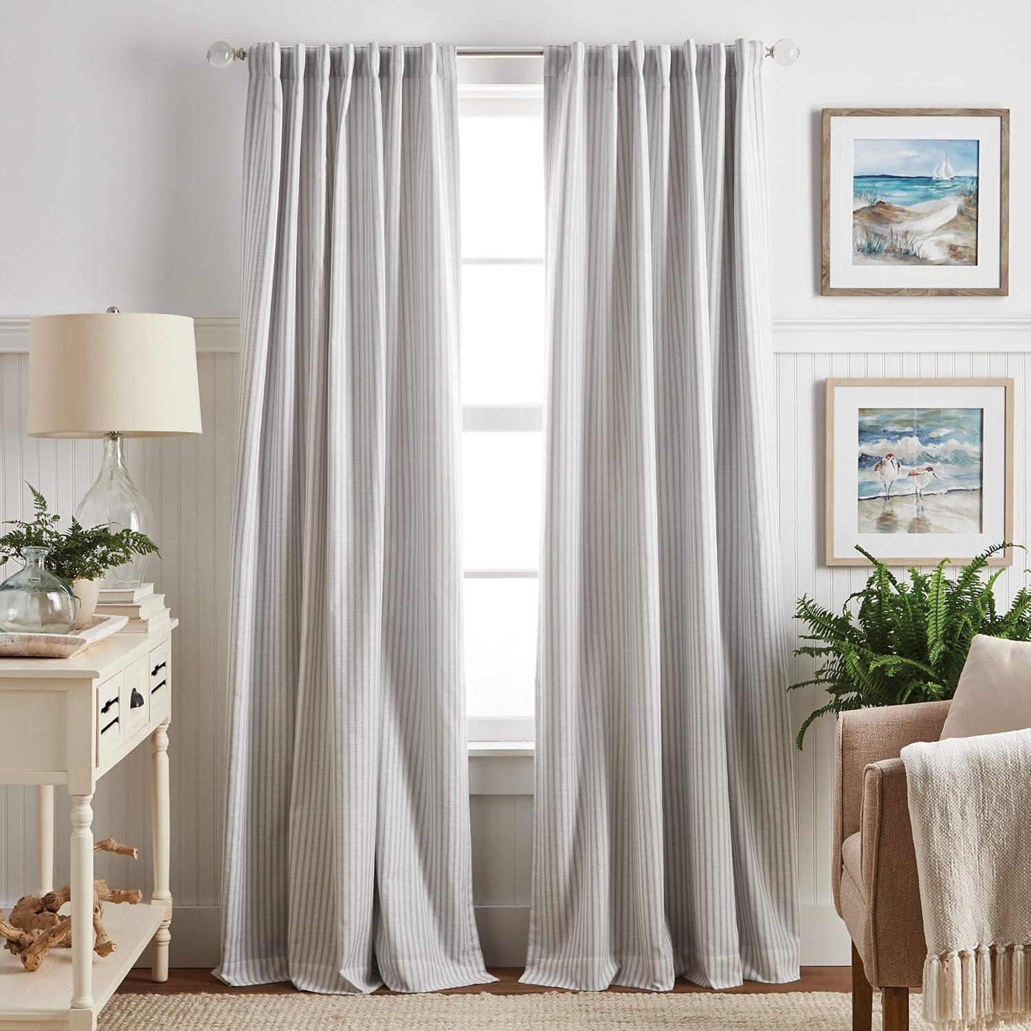 84″ Ticking Stripe Blackout Curtain Panel Pair, White/Grey, Rod Pocket/Back Tab