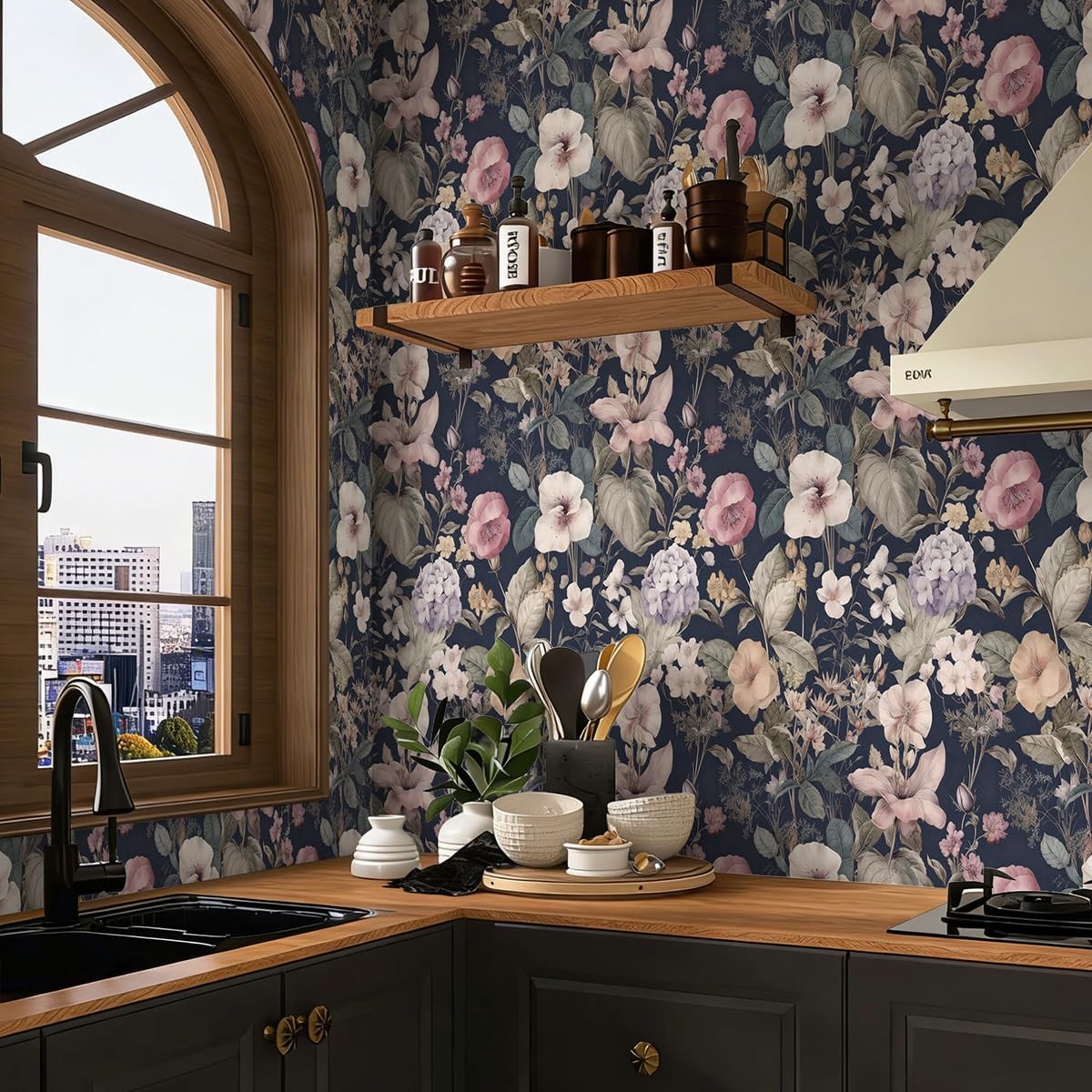 Vintage Floral Peel and Stick Wallpaper Contact Paper 16.9″ x 118.1″ Dark