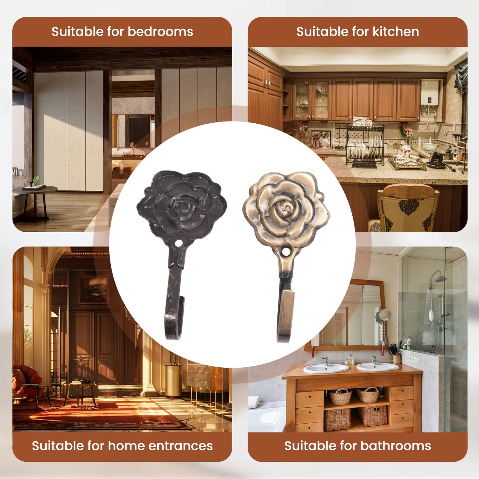 2Pcs Metal Rose Flower Curtain Tie Back Tieback Holders Wall Hooks Decor V7G3