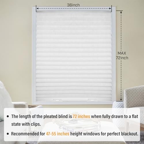 6 Packs Cordless Pleated Light Filtering Window Shade 36 in x 72 in Easy White