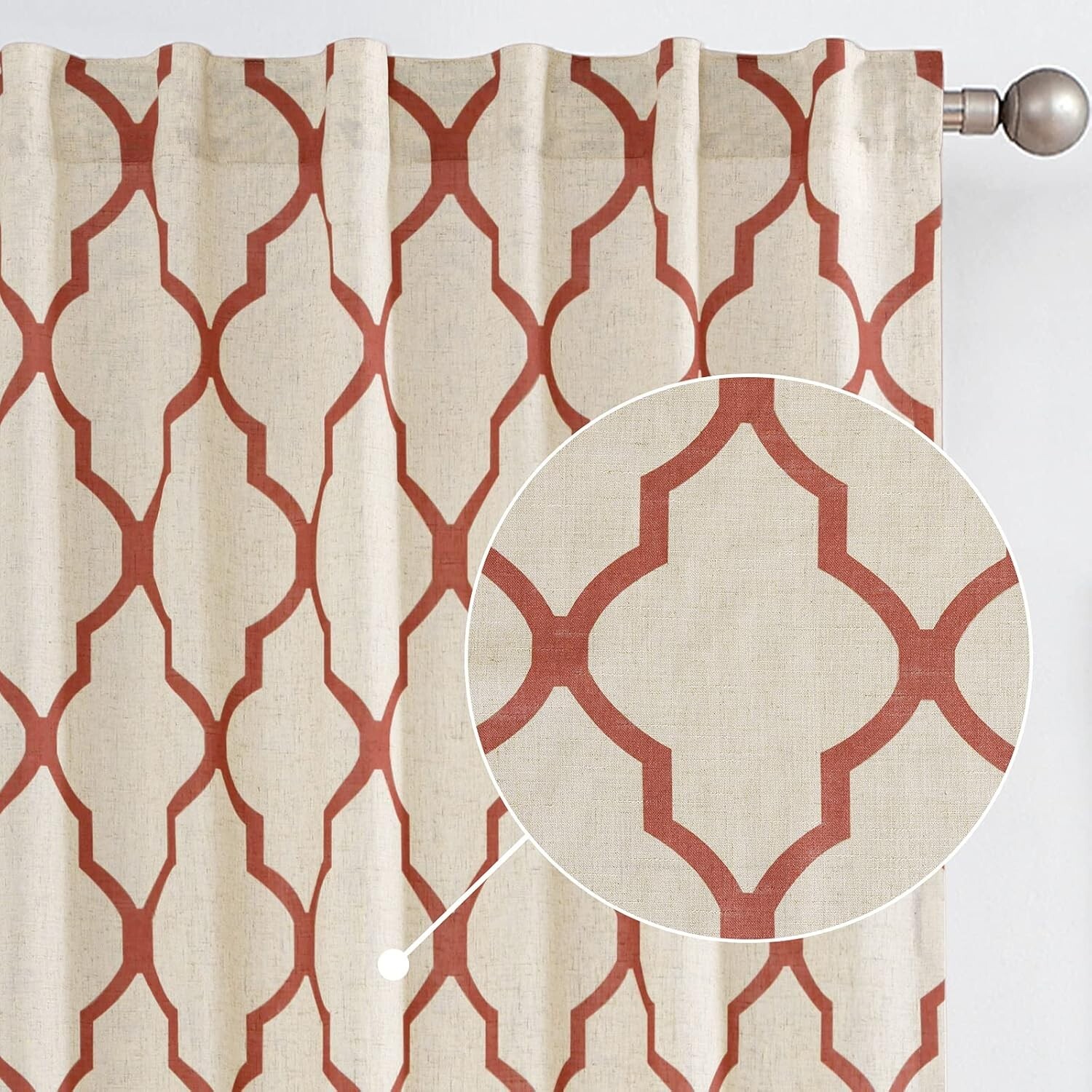 Linen Curtains Moroccan Tile Curtains for Bedroom W50 X L63 Grommet | terra red