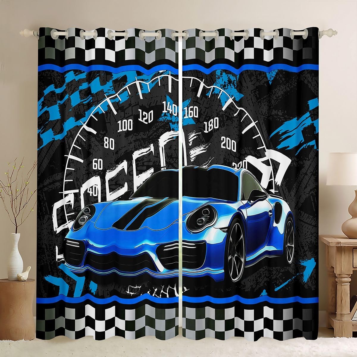 Blue Race Car Curtains Sports Car Window Drapes for Boys Sports Window Treatm…