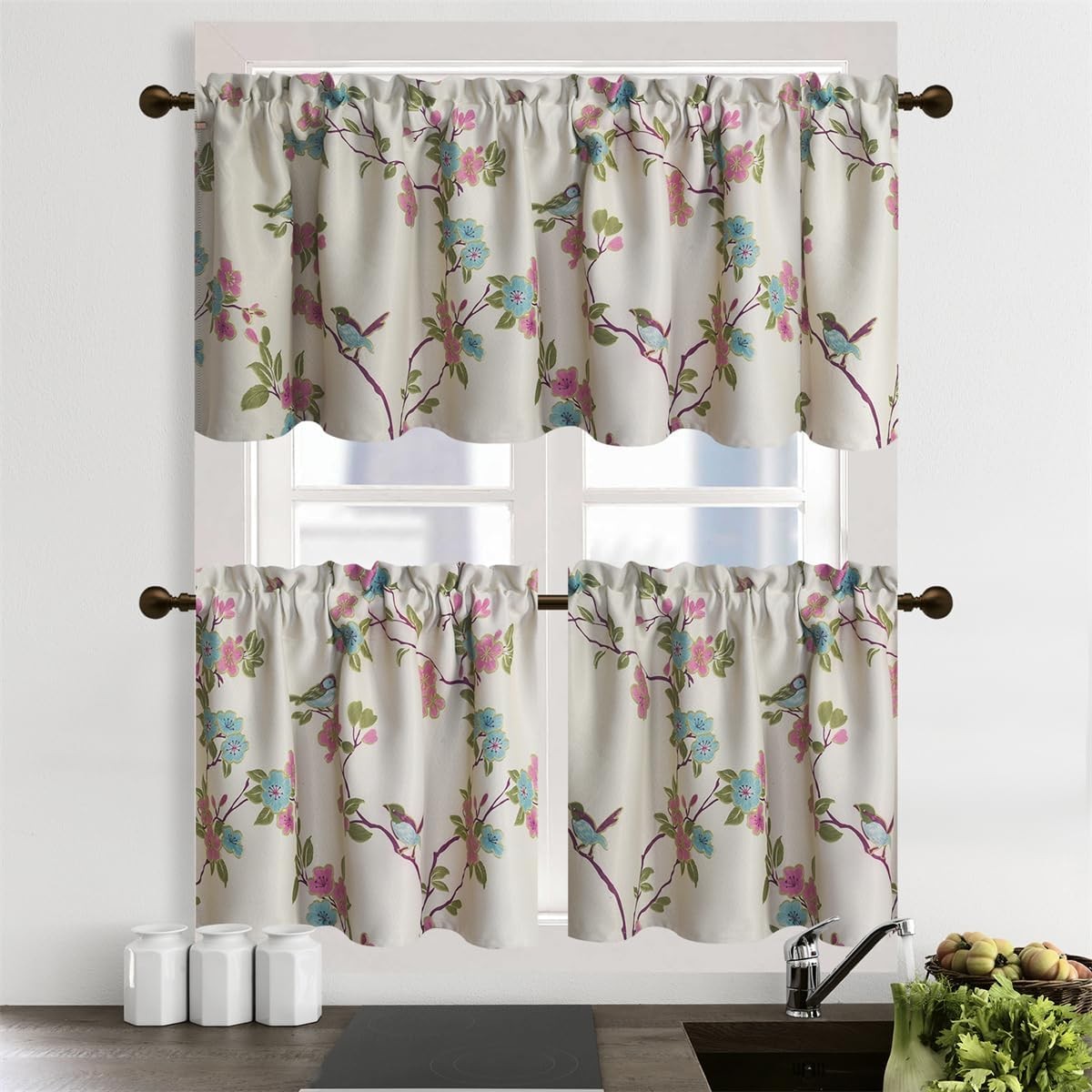 2 Panels Floral Bird Room Darkening Kitchen Curtains, Rod Pocket Cafe Curtains