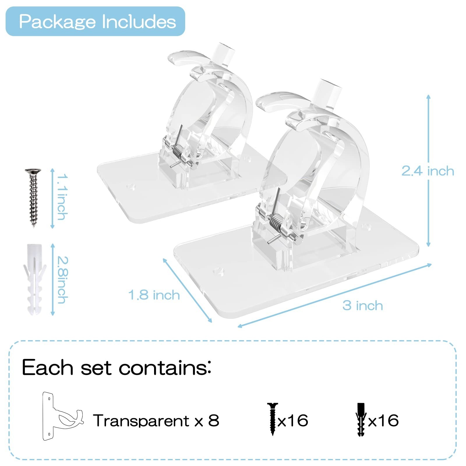 8PCS No Drill Curtain Rod Brackets, Self-Adhesive, Universal Wall Mount, Plastic
