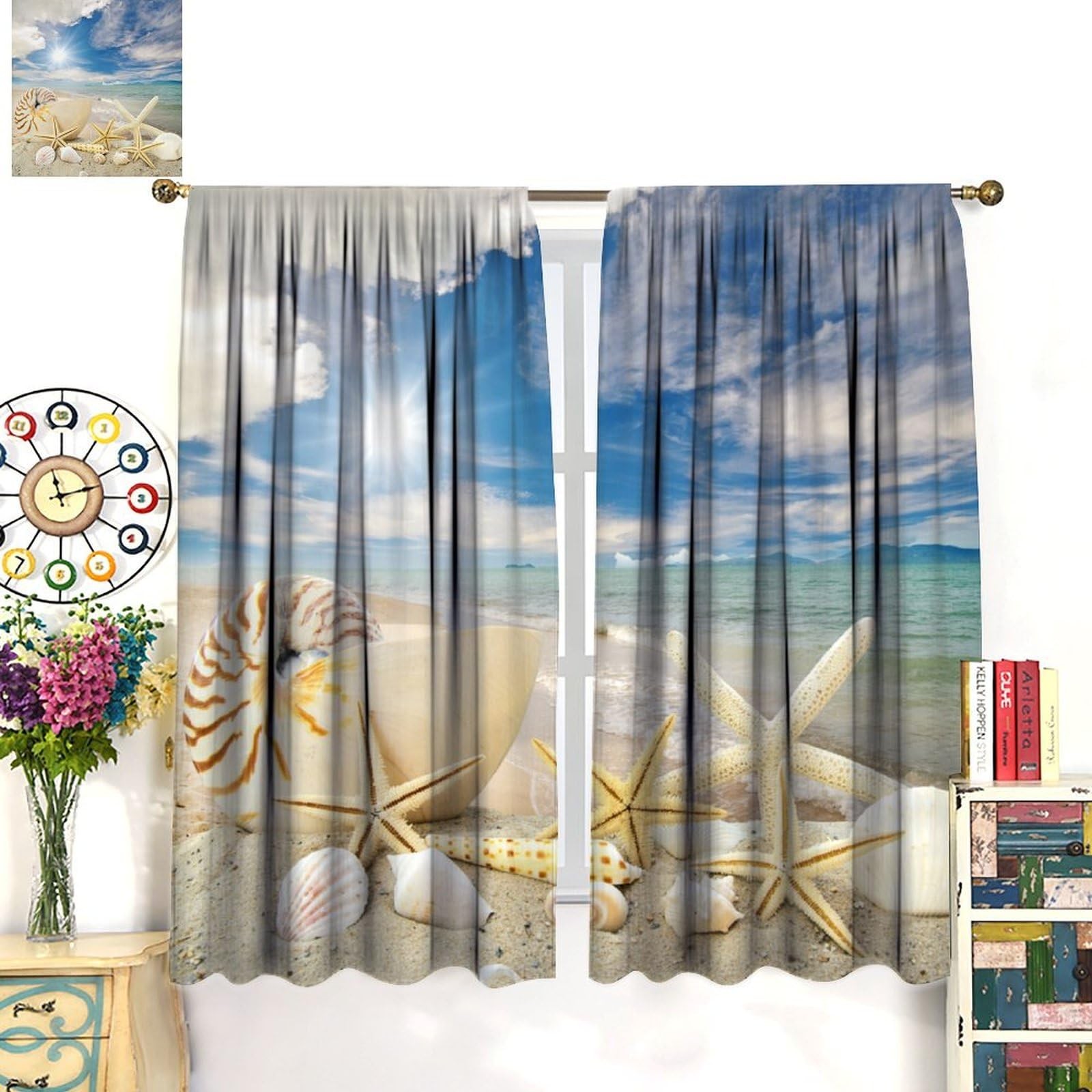 Summer Beach Window Curtain, Starfish Shells Holiday Seaside Print Curtain fo…