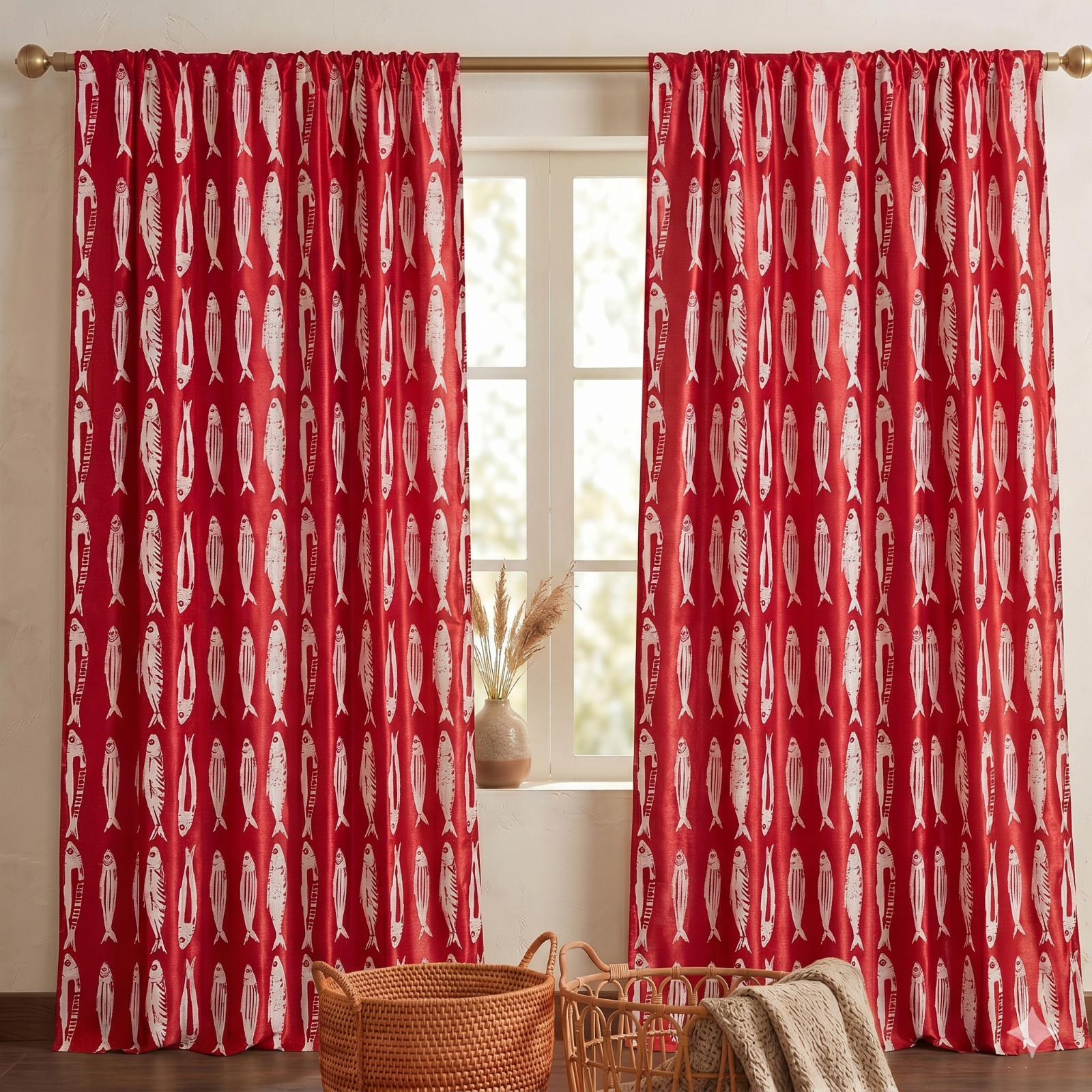 2 Pc Set RED Fish Window 100% Cotton Curtains Set, Hand Block Printed Drapes