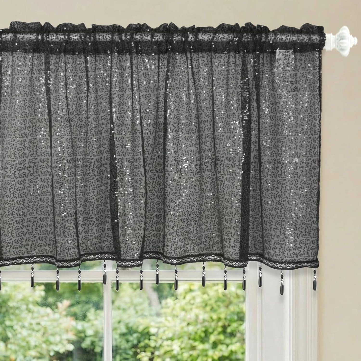 Sequin Valances Curtain Swag Window Valance with Crystal Beads – Rod Pocket Wind