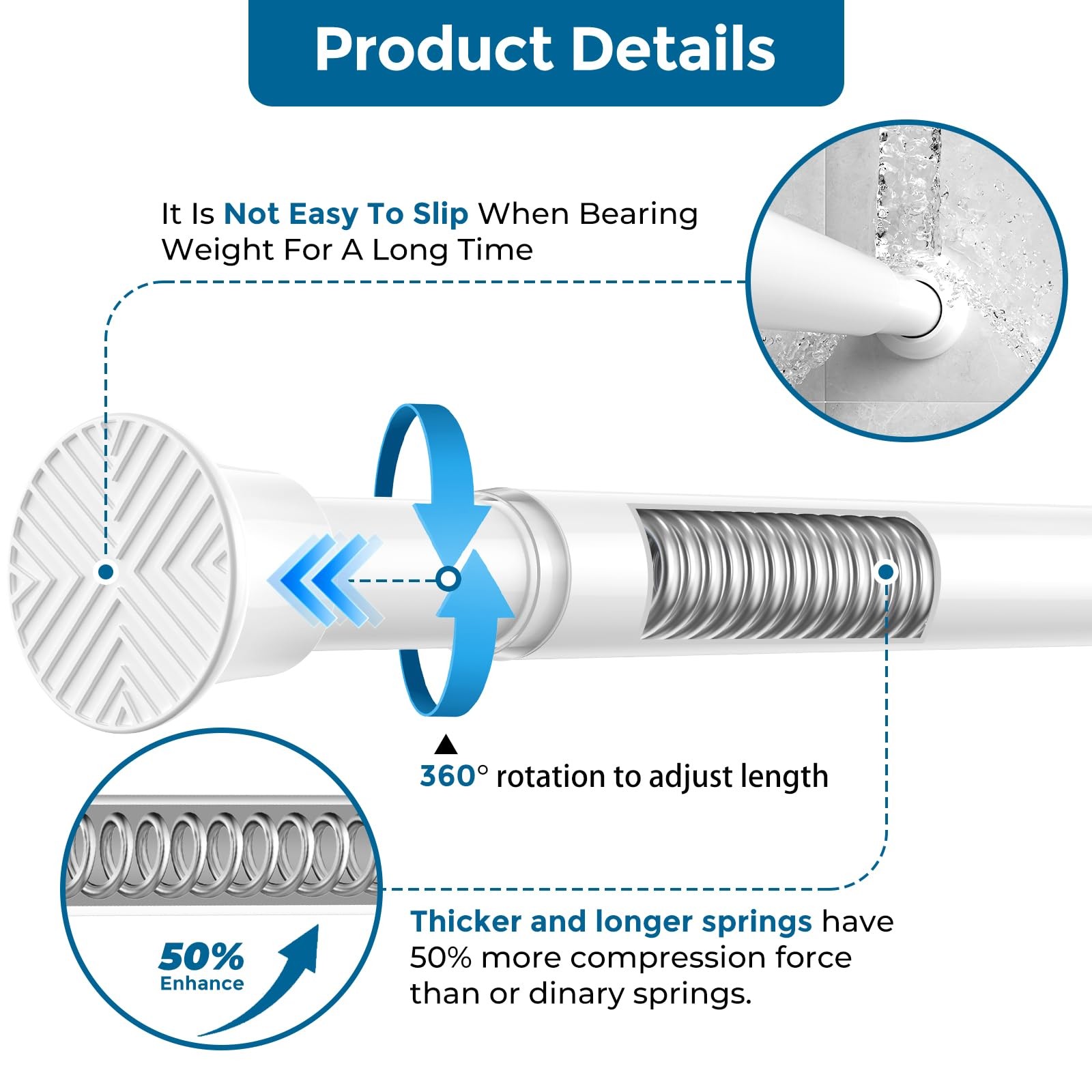 1 PCS White Iron Spring Tension Curtain Rod 24 to 46 Inch Mounted Adjustable