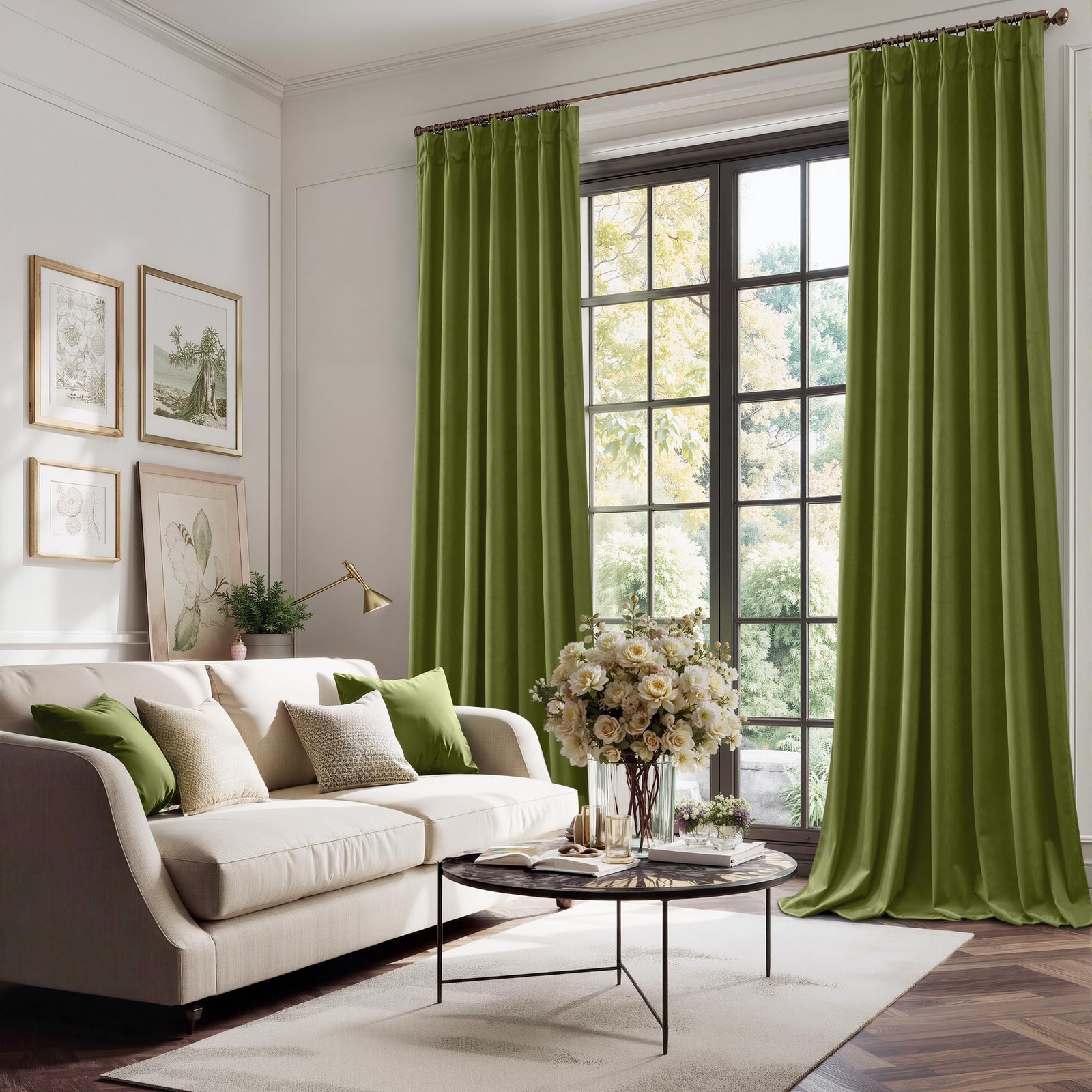 Olive Green Pinch Pleat Velvet Curtains, Super Soft Room Darkening Bedroom Cu…